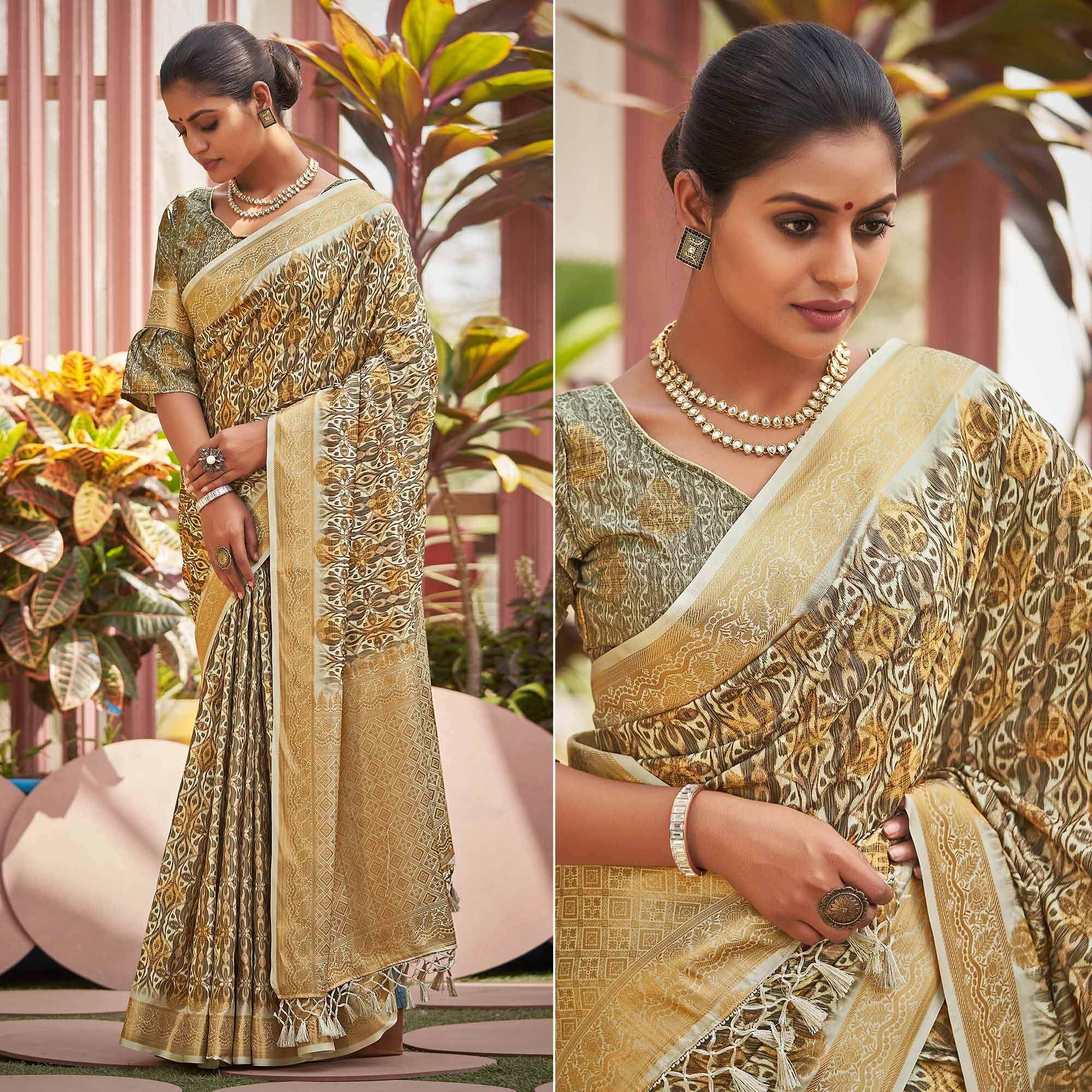 Green Digital Printed Art Silk Saree - Peachmode