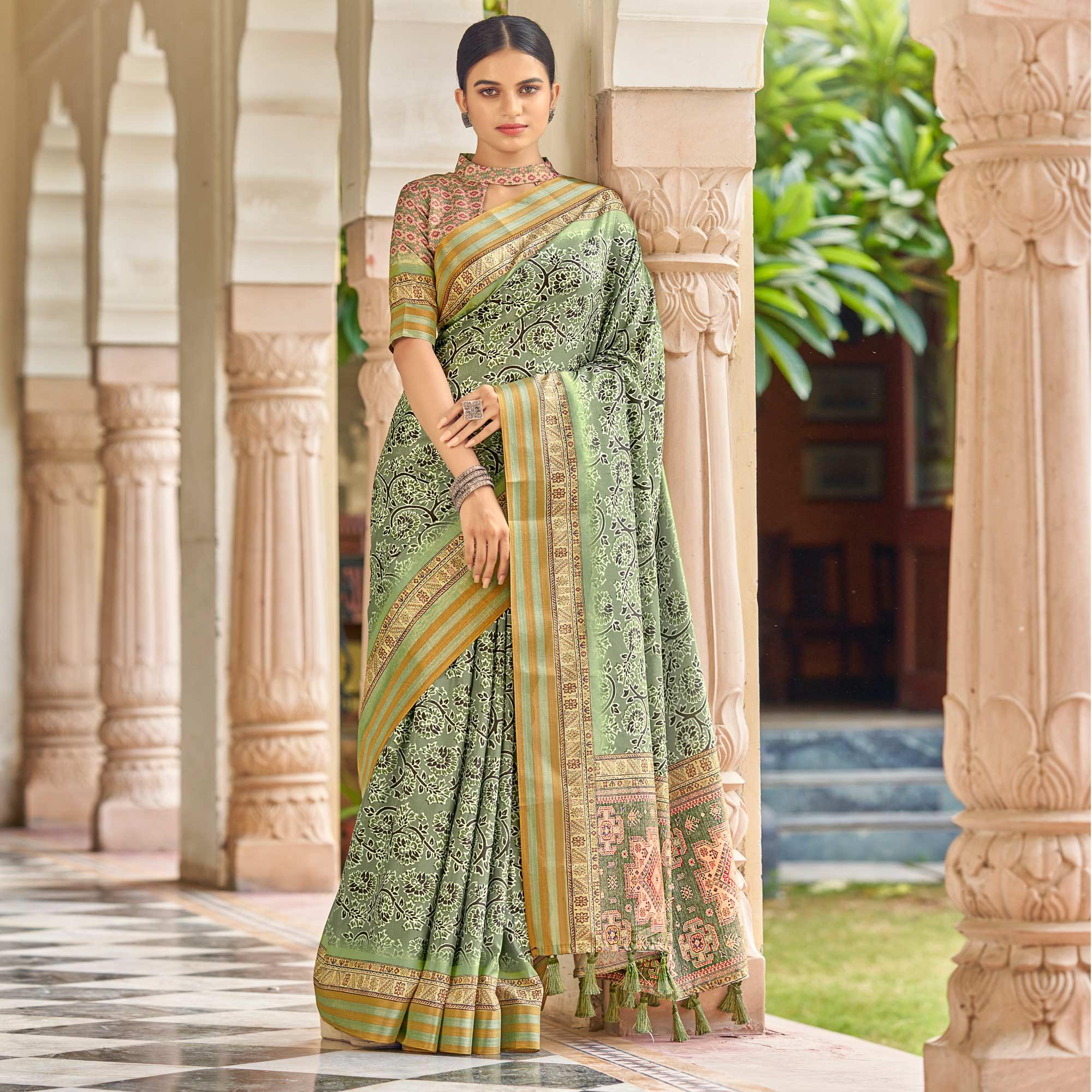 Green Digital Printed Art Silk Saree - Peachmode