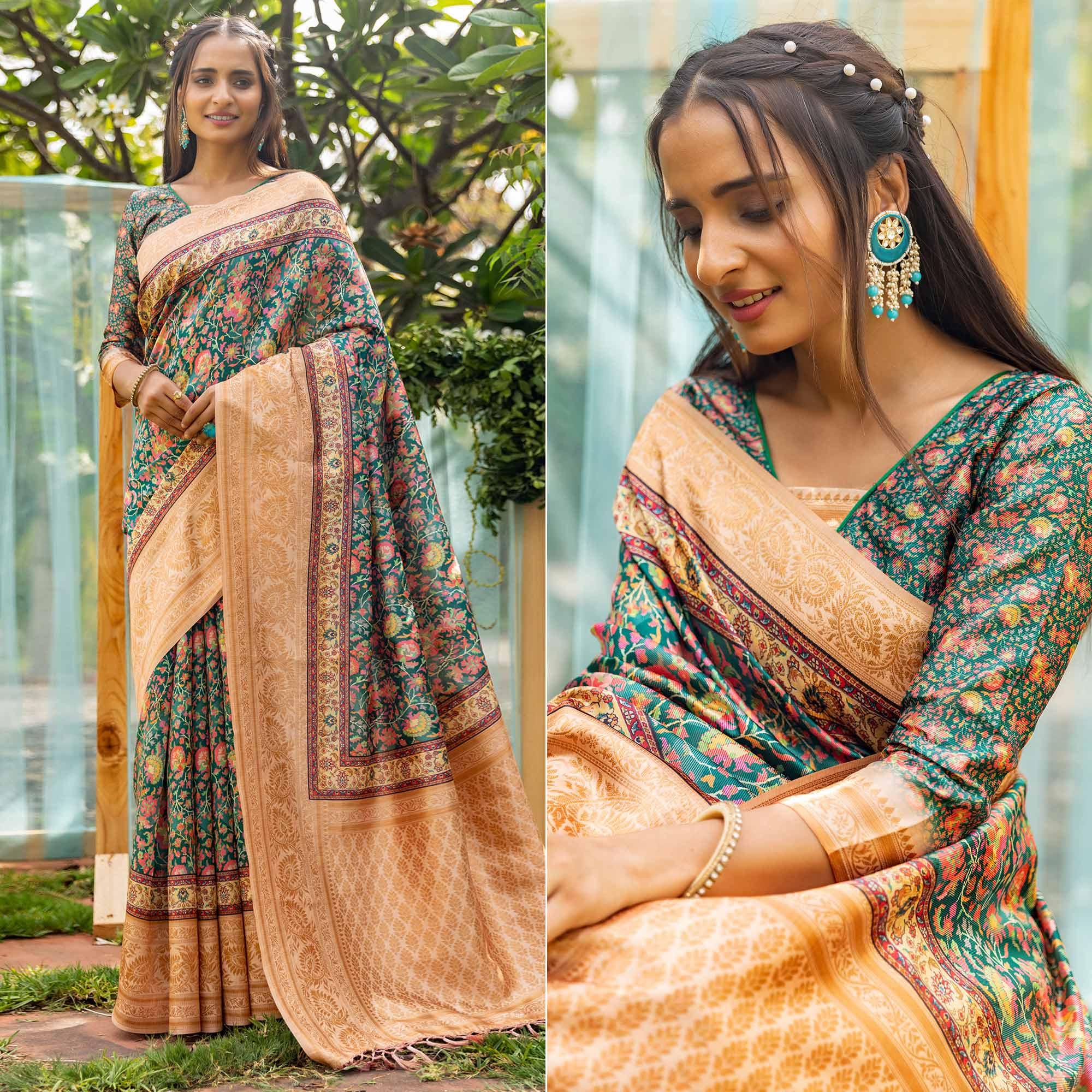 Green Digital Printed Art Silk Saree - Peachmode