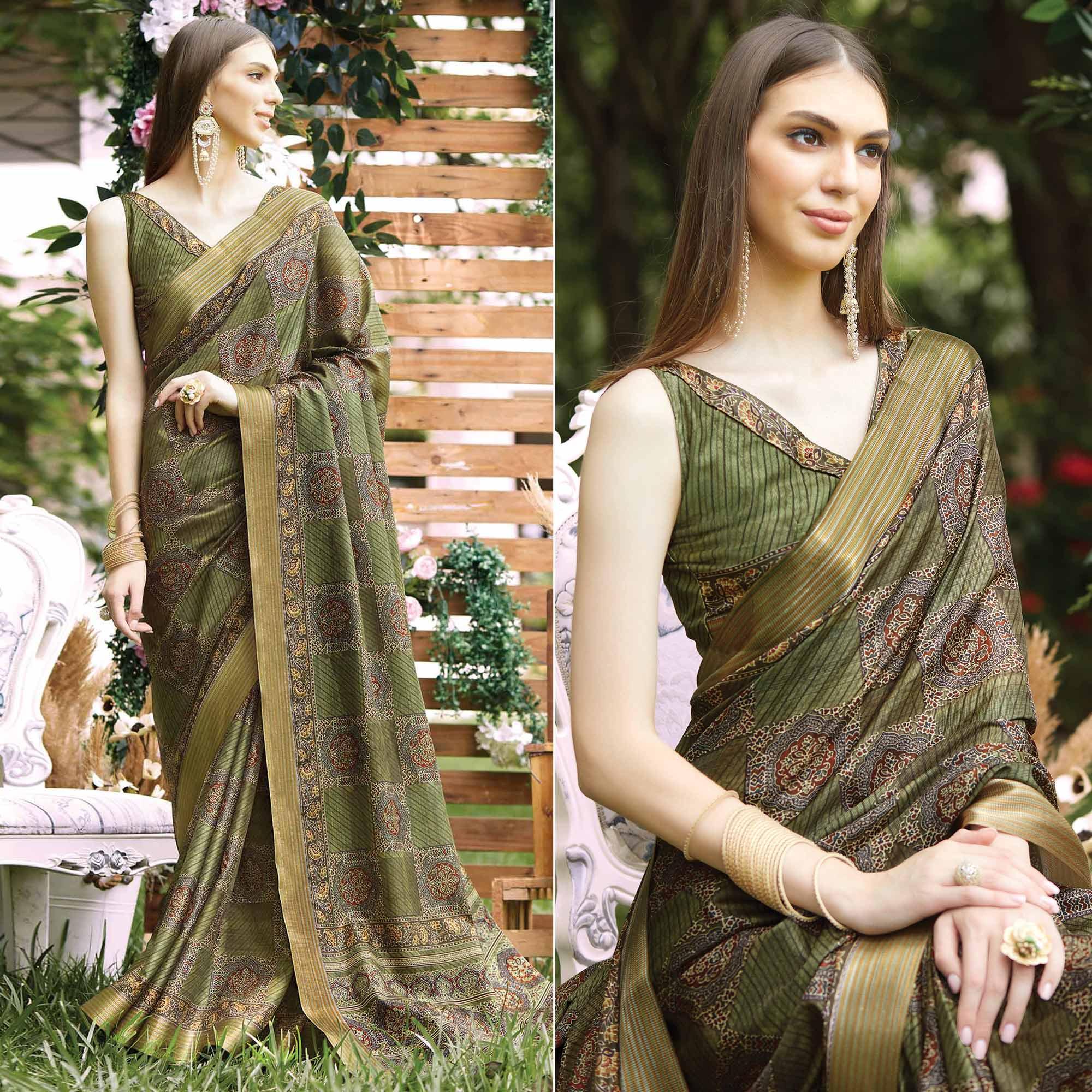 Green Digital Printed Art Silk Saree - Peachmode