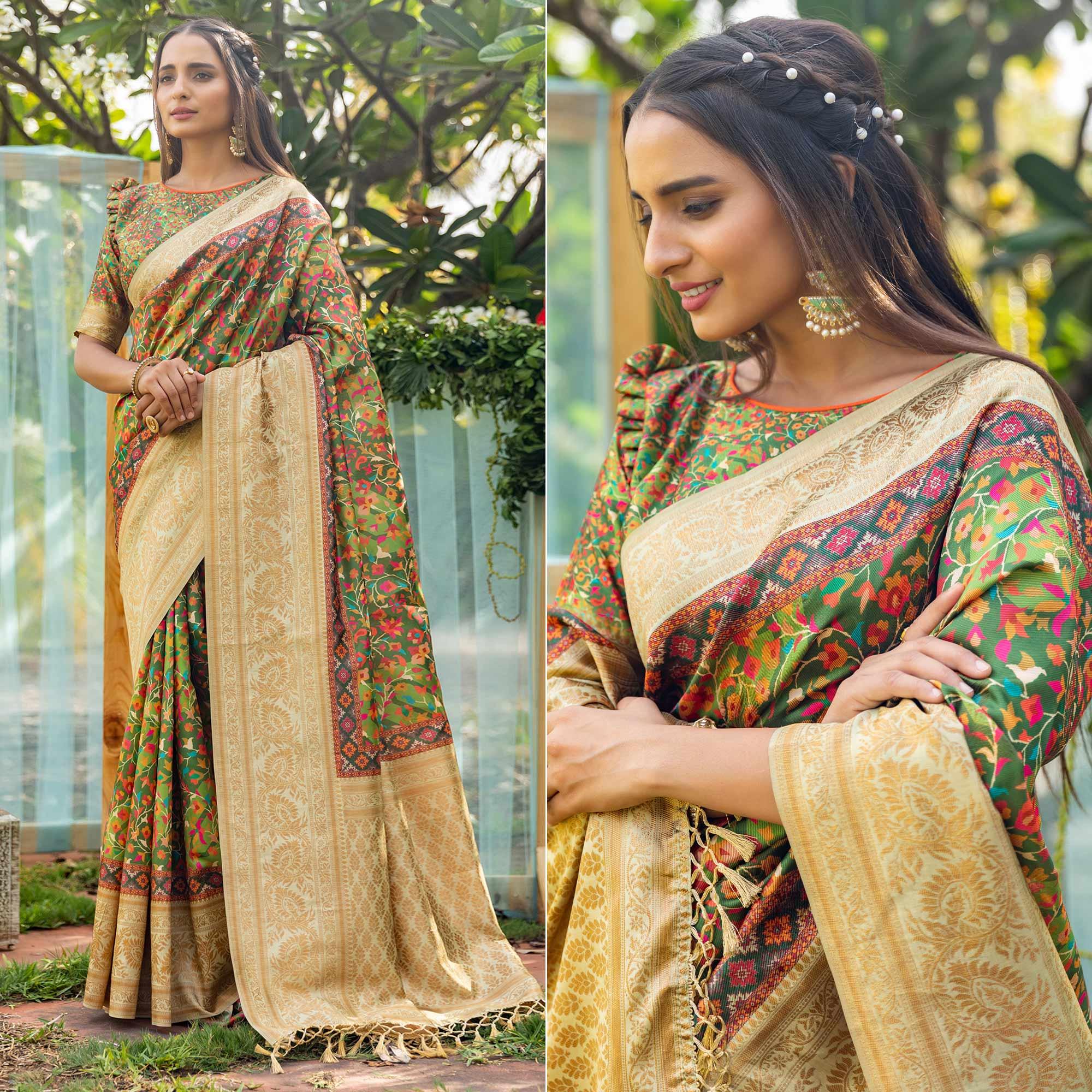 Green Digital Printed Art Silk Saree - Peachmode