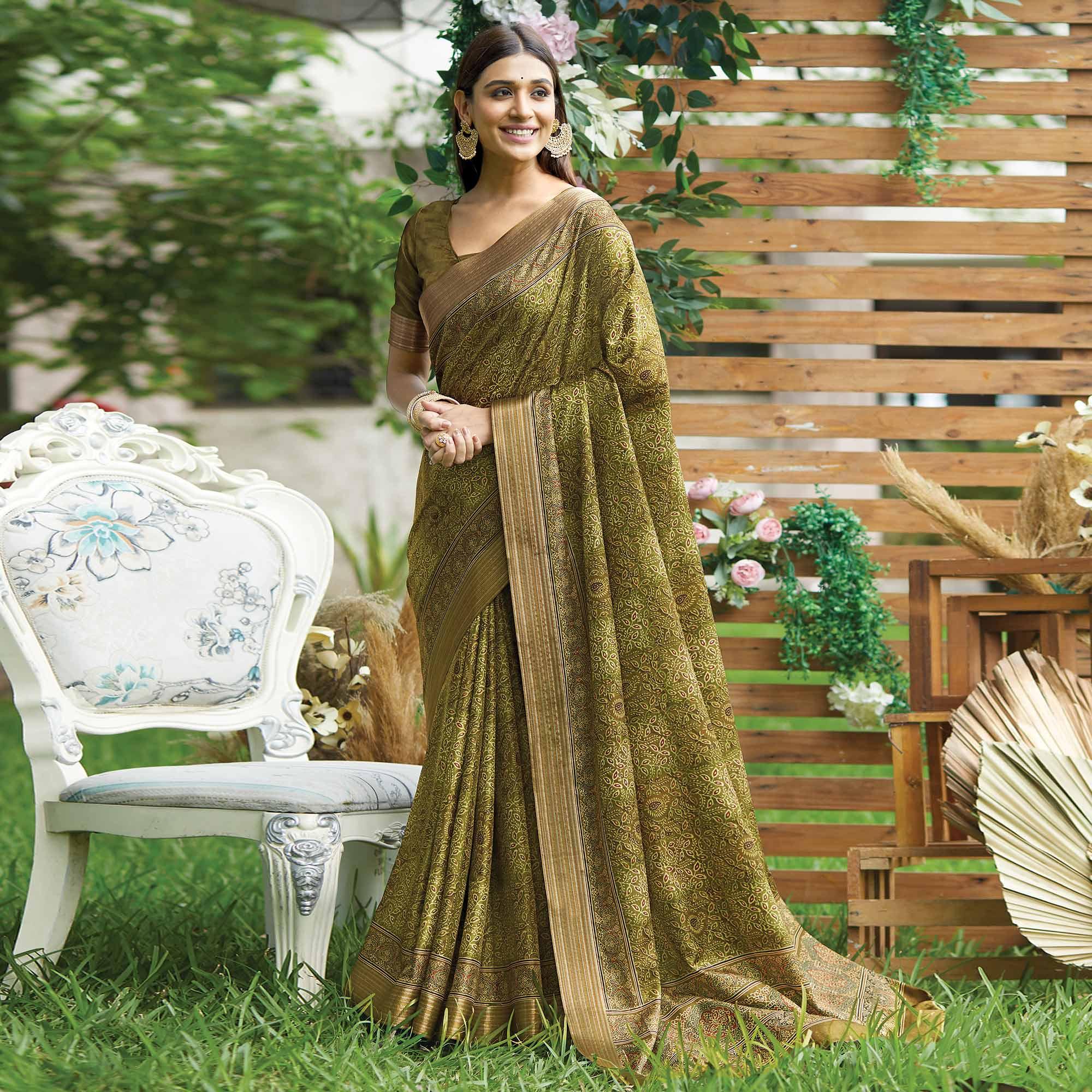 Green Digital Printed Art Silk Saree - Peachmode