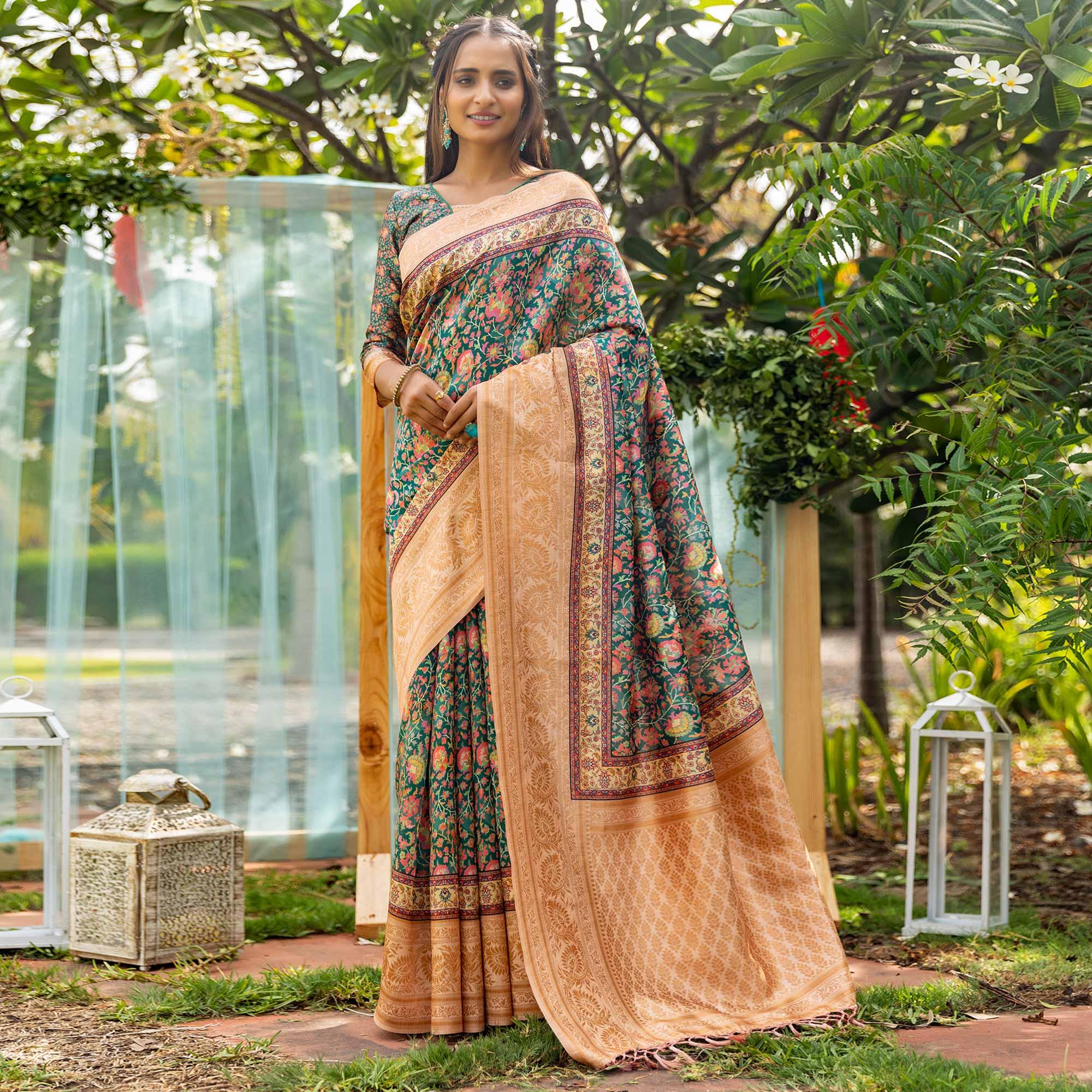 Green Digital Printed Art Silk Saree - Peachmode