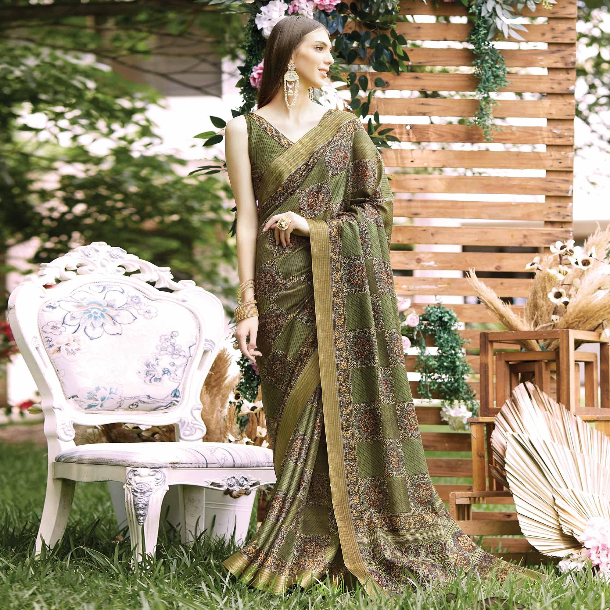 Green Digital Printed Art Silk Saree - Peachmode