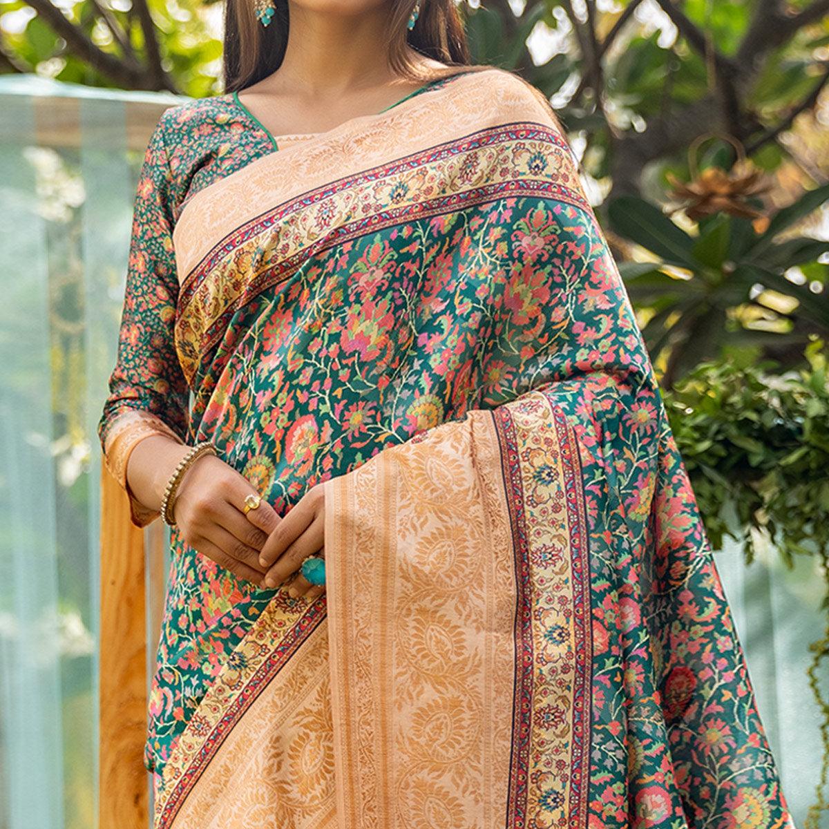 Green Digital Printed Art Silk Saree - Peachmode