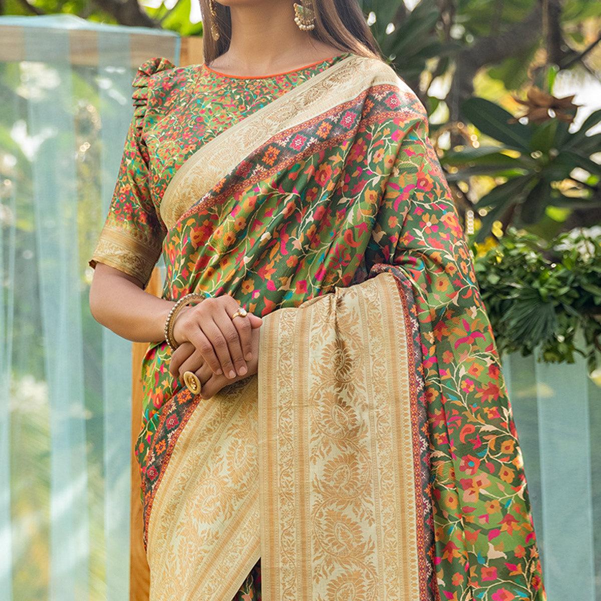 Green Digital Printed Art Silk Saree - Peachmode