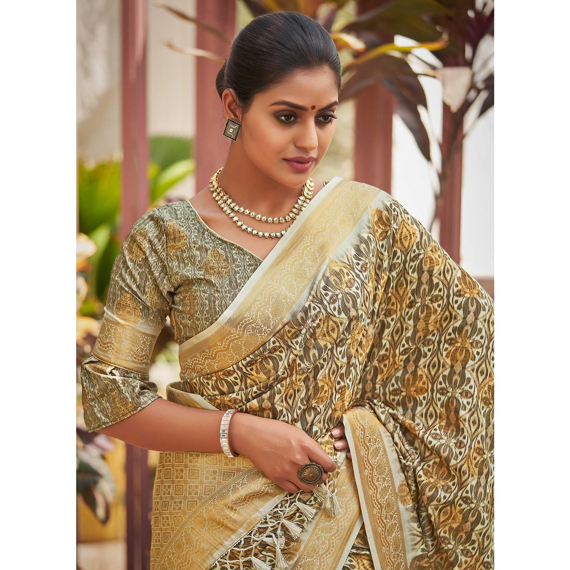 Green Digital Printed Art Silk Saree - Peachmode