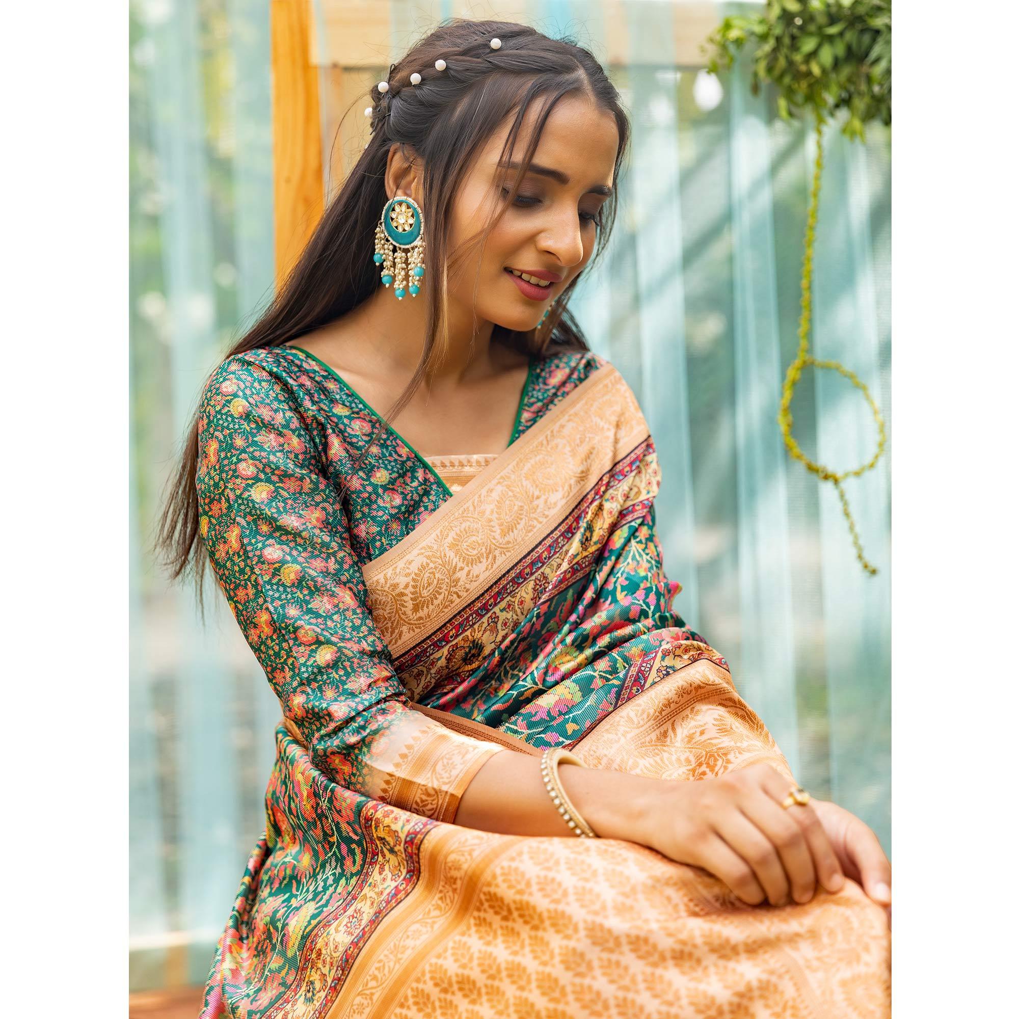 Green Digital Printed Art Silk Saree - Peachmode