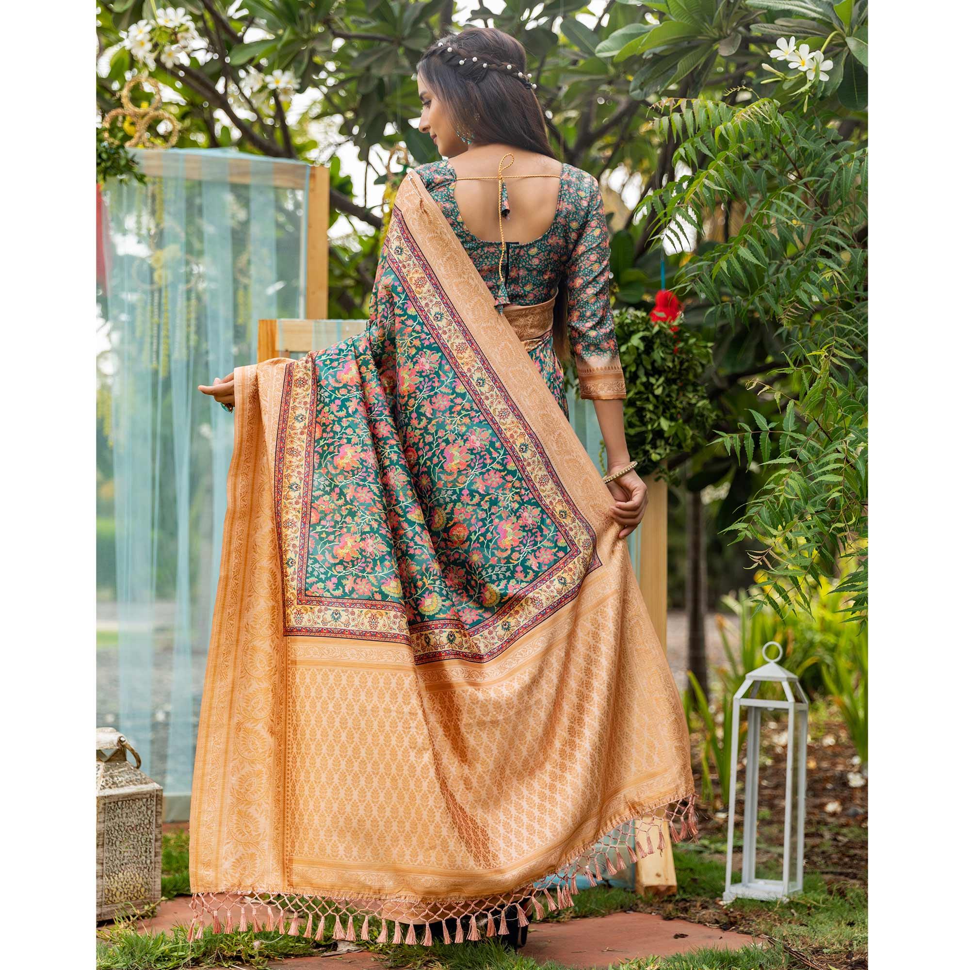 Green Digital Printed Art Silk Saree - Peachmode