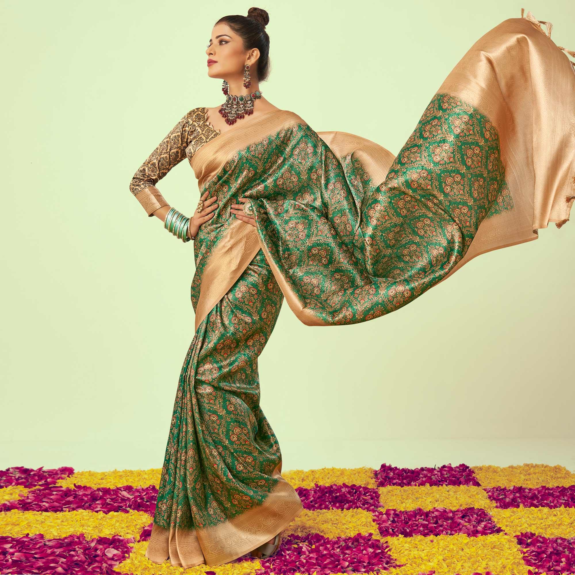 Green Digital Printed Art Silk Saree With Tassels - Peachmode