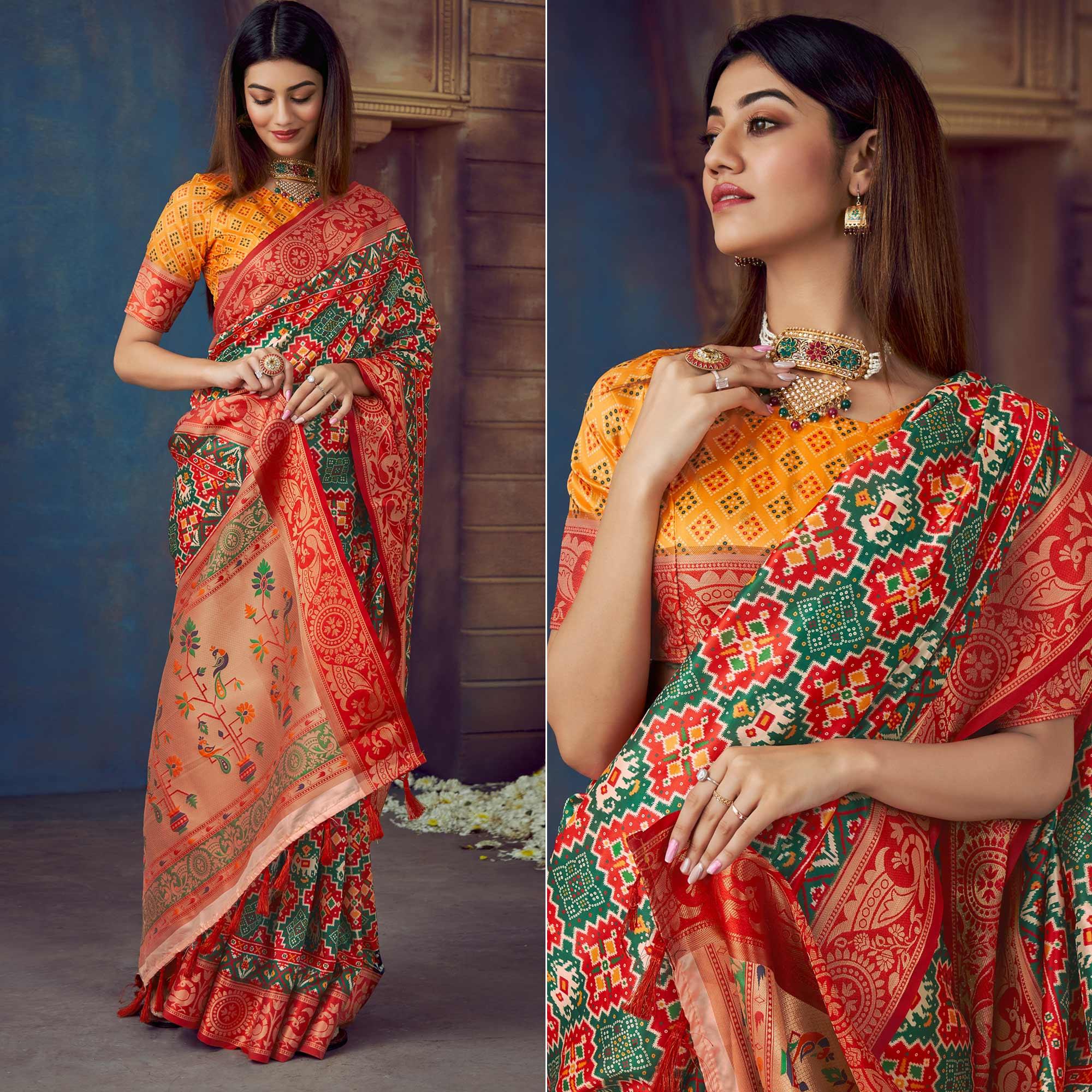 Green Digital Printed Art Silk Saree With Tassels - Peachmode