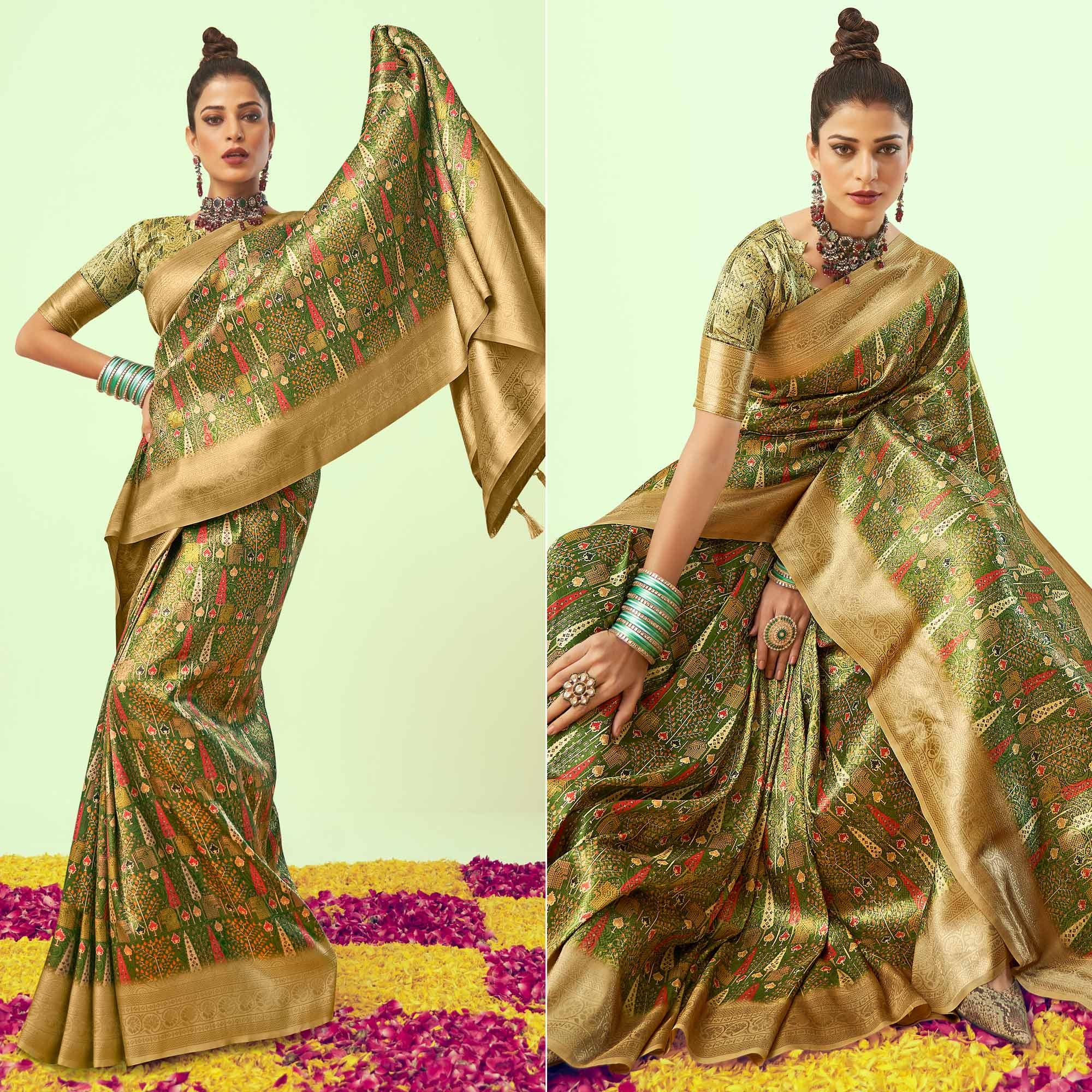 Green Digital Printed Art Silk Saree With Tassels - Peachmode