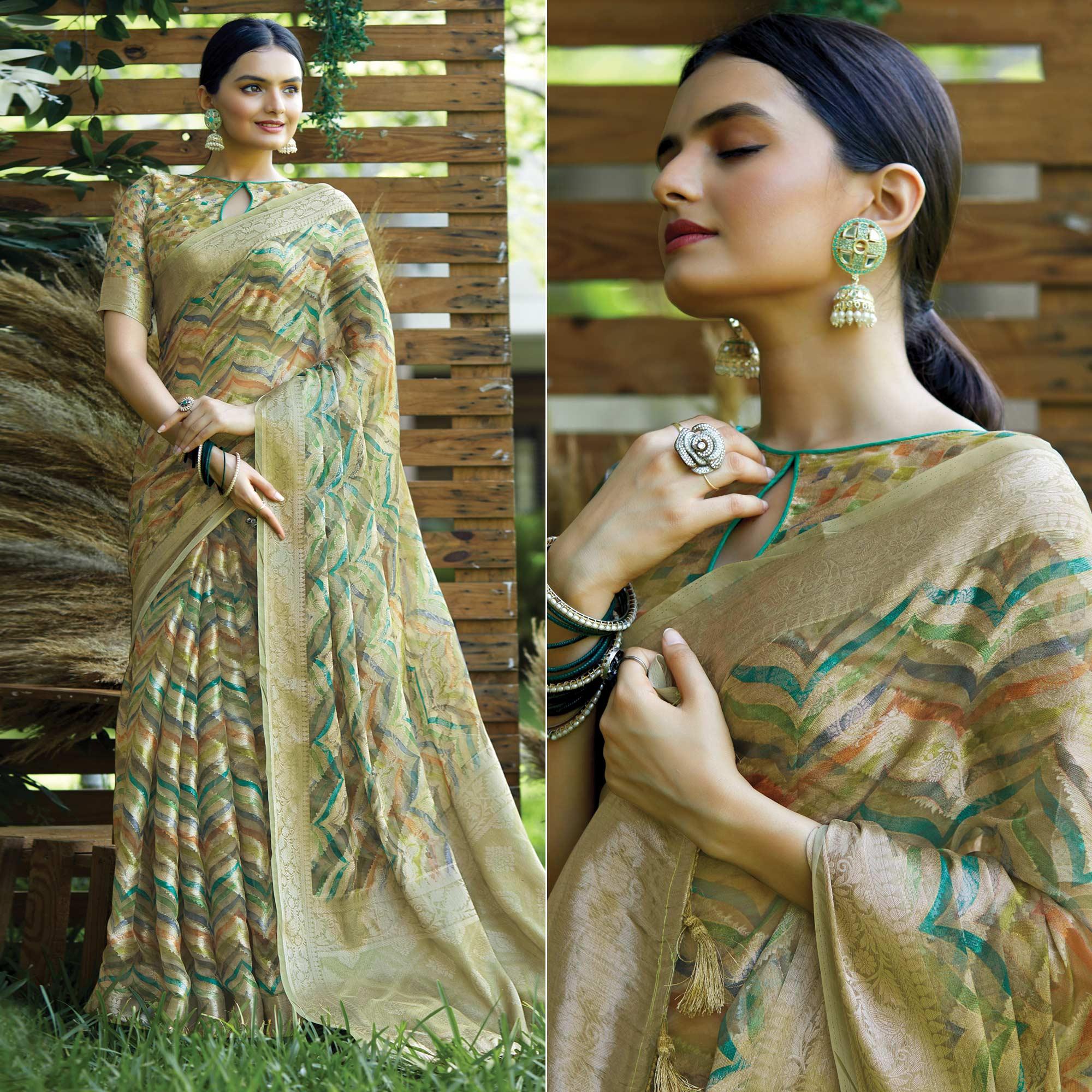 Green Digital Printed Art Silk Saree With Tassels - Peachmode