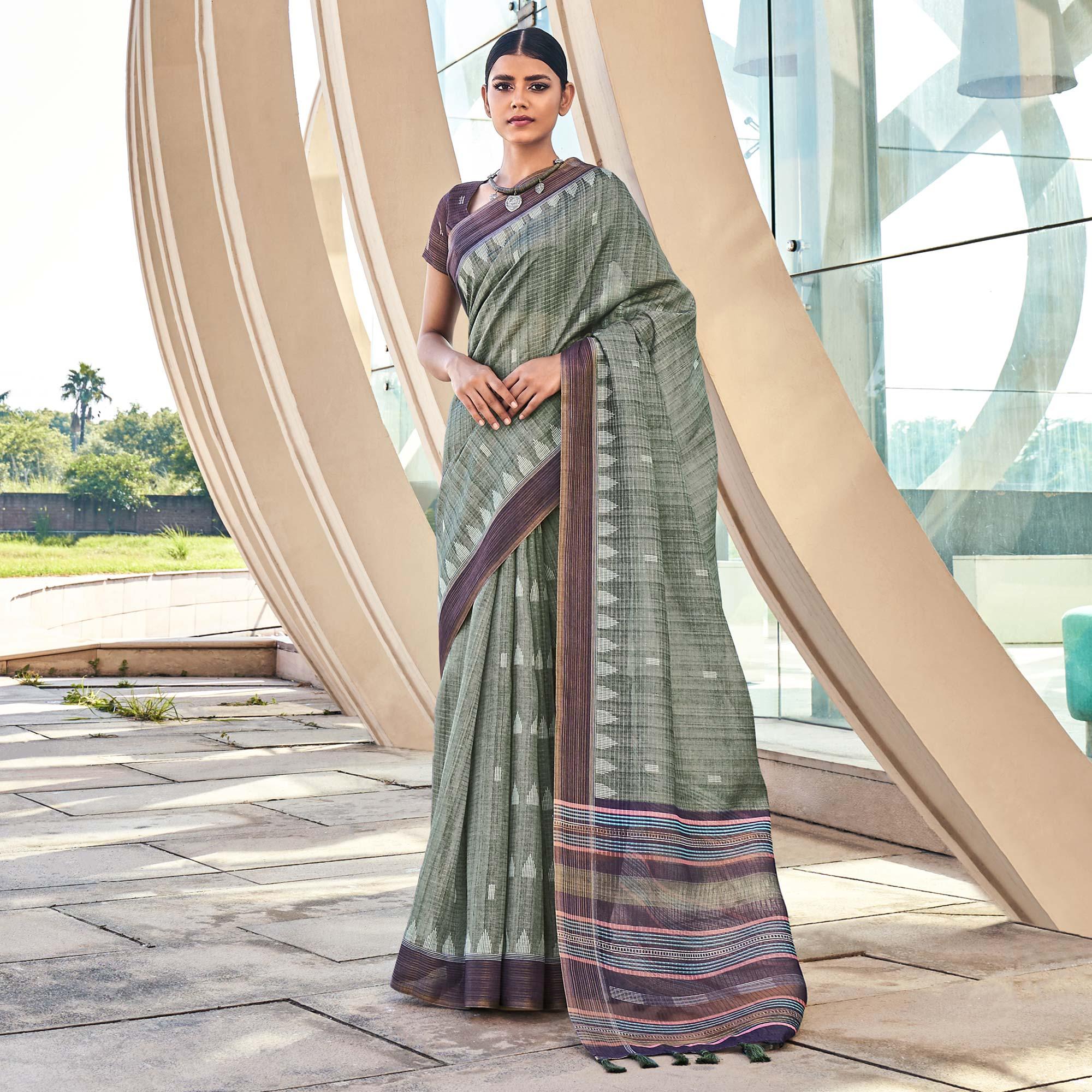 Green Digital Printed Art Silk Saree With Tassels - Peachmode