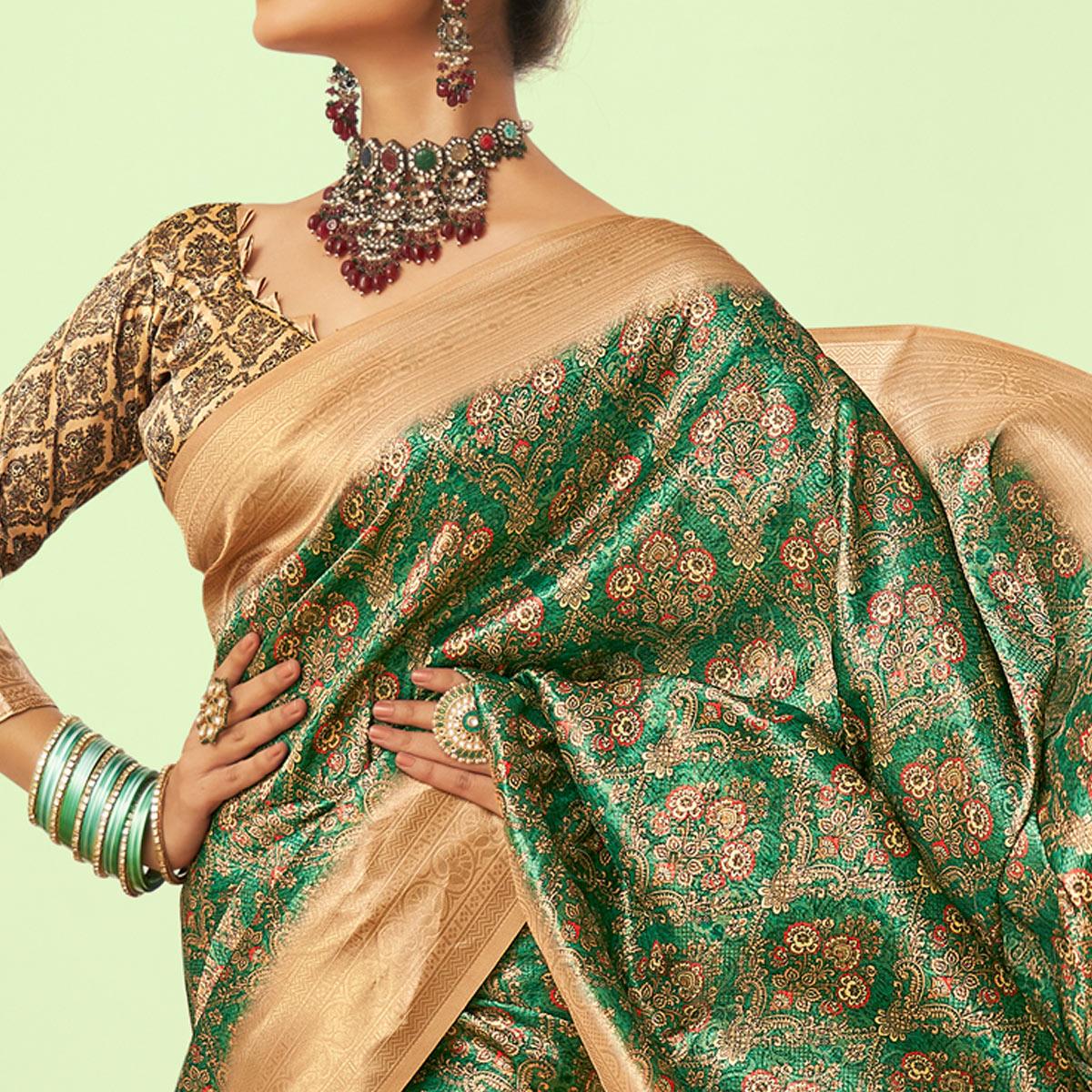 Green Digital Printed Art Silk Saree With Tassels - Peachmode
