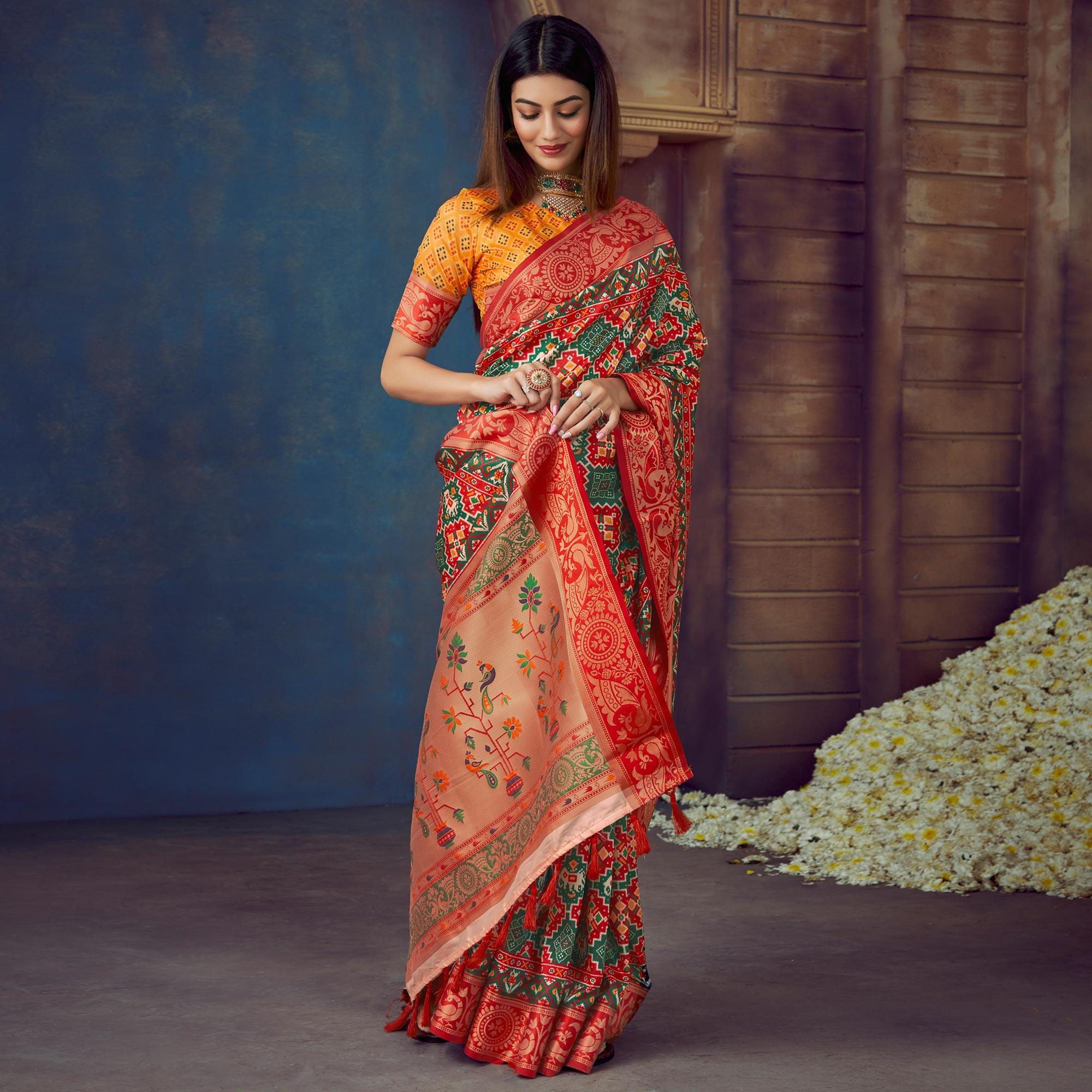 Green Digital Printed Art Silk Saree With Tassels - Peachmode