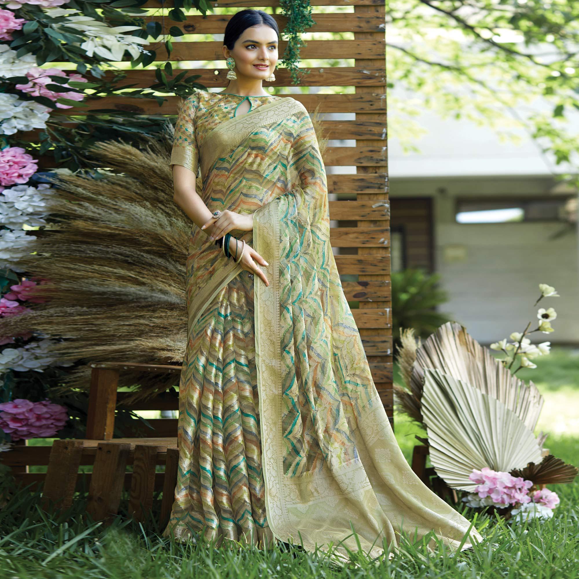 Green Digital Printed Art Silk Saree With Tassels - Peachmode