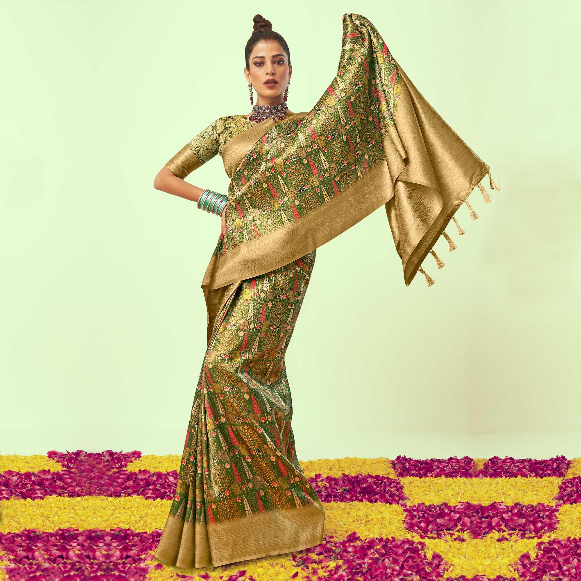 Green Digital Printed Art Silk Saree With Tassels - Peachmode