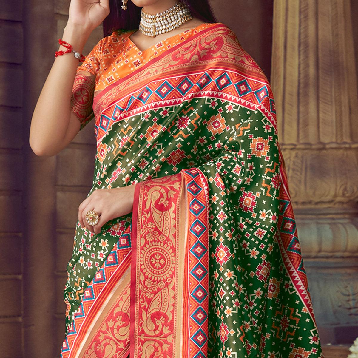 Green Digital Printed Art Silk Saree With Tassels - Peachmode