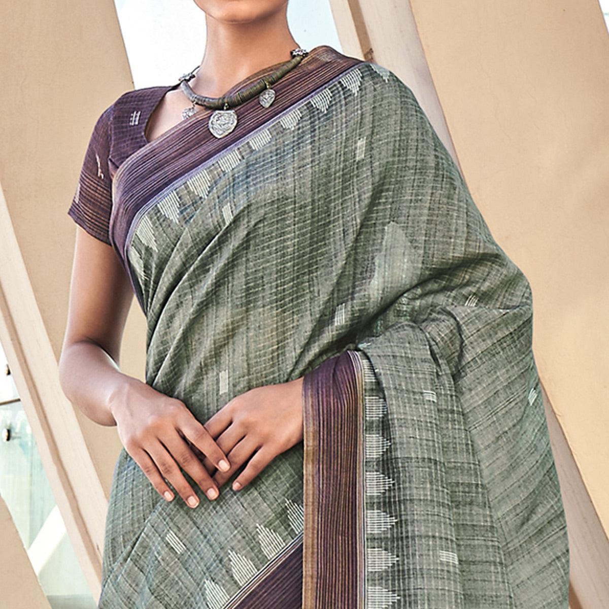 Green Digital Printed Art Silk Saree With Tassels - Peachmode