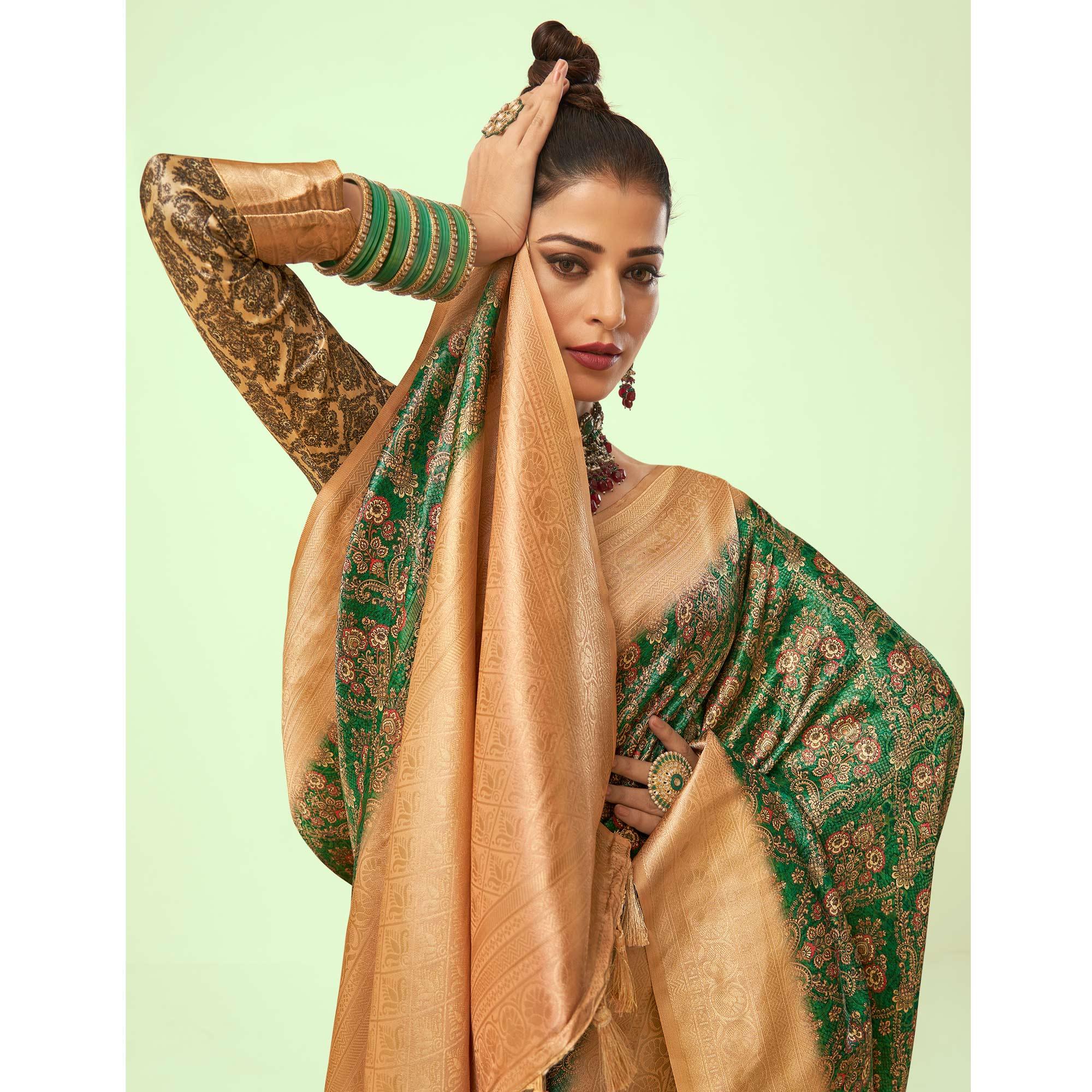 Green Digital Printed Art Silk Saree With Tassels - Peachmode