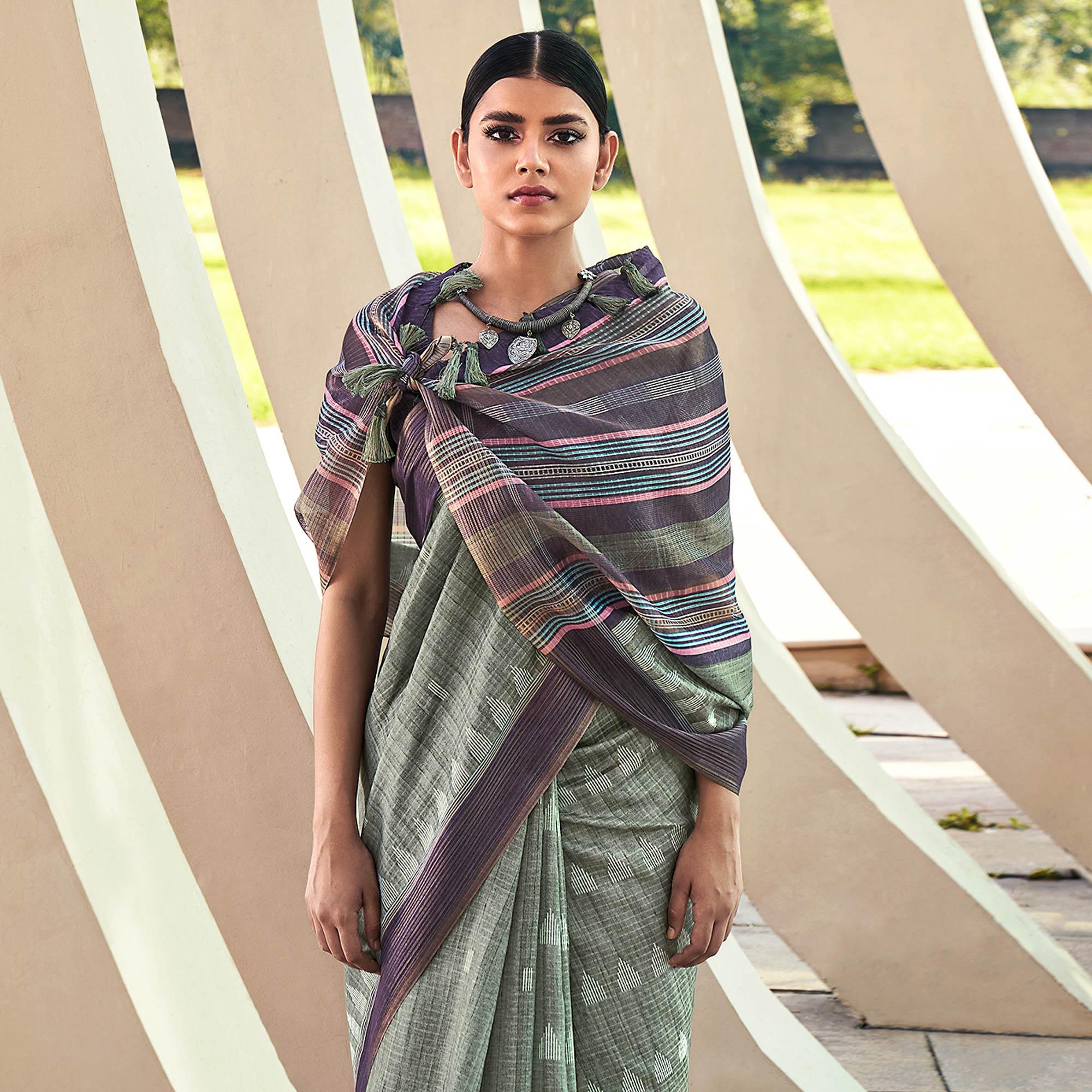 Green Digital Printed Art Silk Saree With Tassels - Peachmode