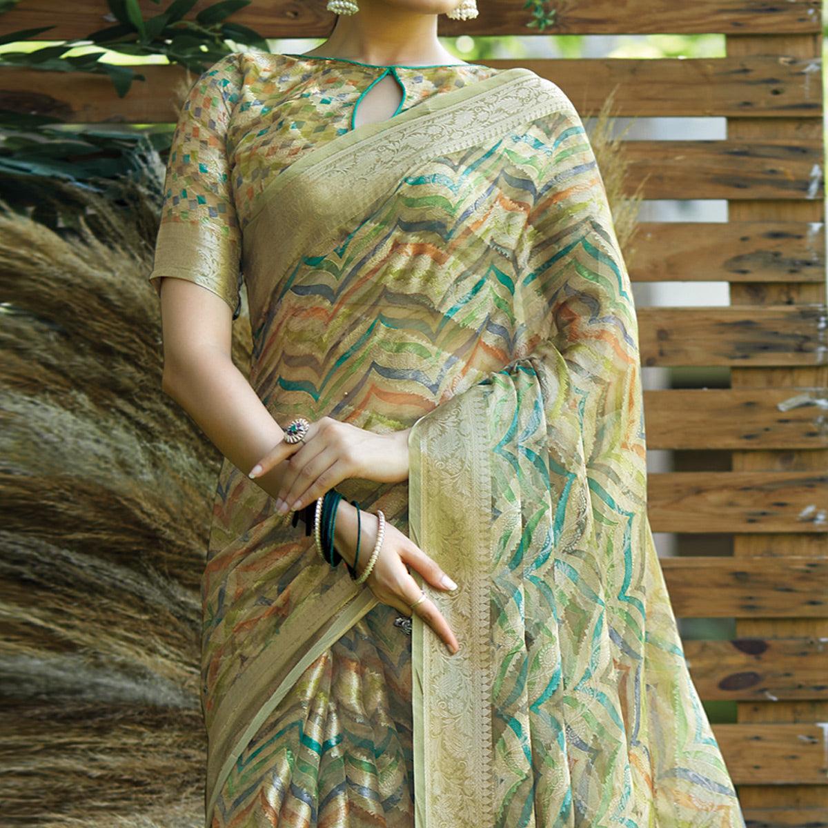 Green Digital Printed Art Silk Saree With Tassels - Peachmode