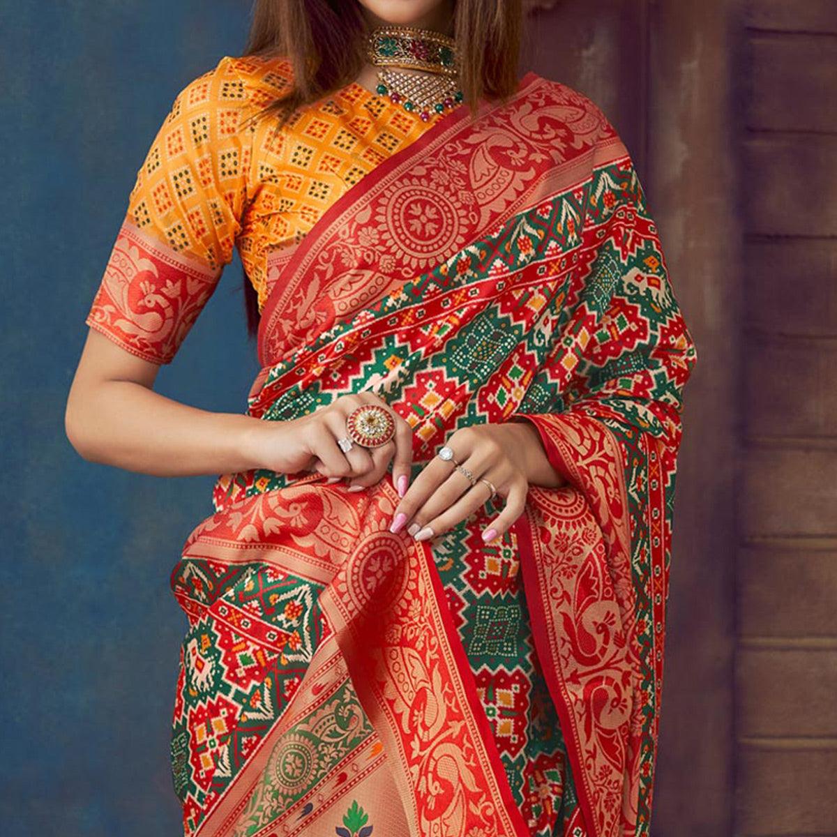 Green Digital Printed Art Silk Saree With Tassels - Peachmode