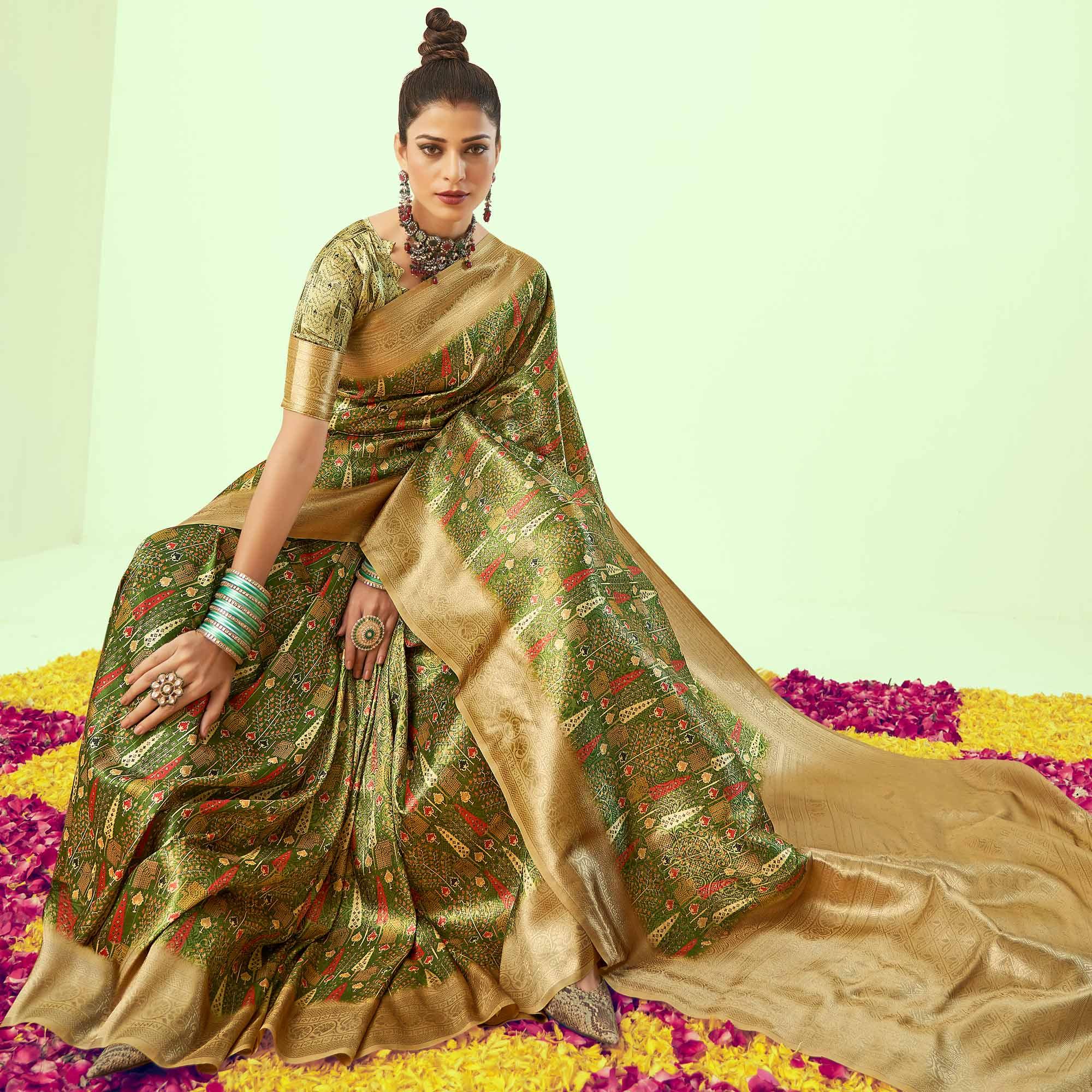 Green Digital Printed Art Silk Saree With Tassels - Peachmode