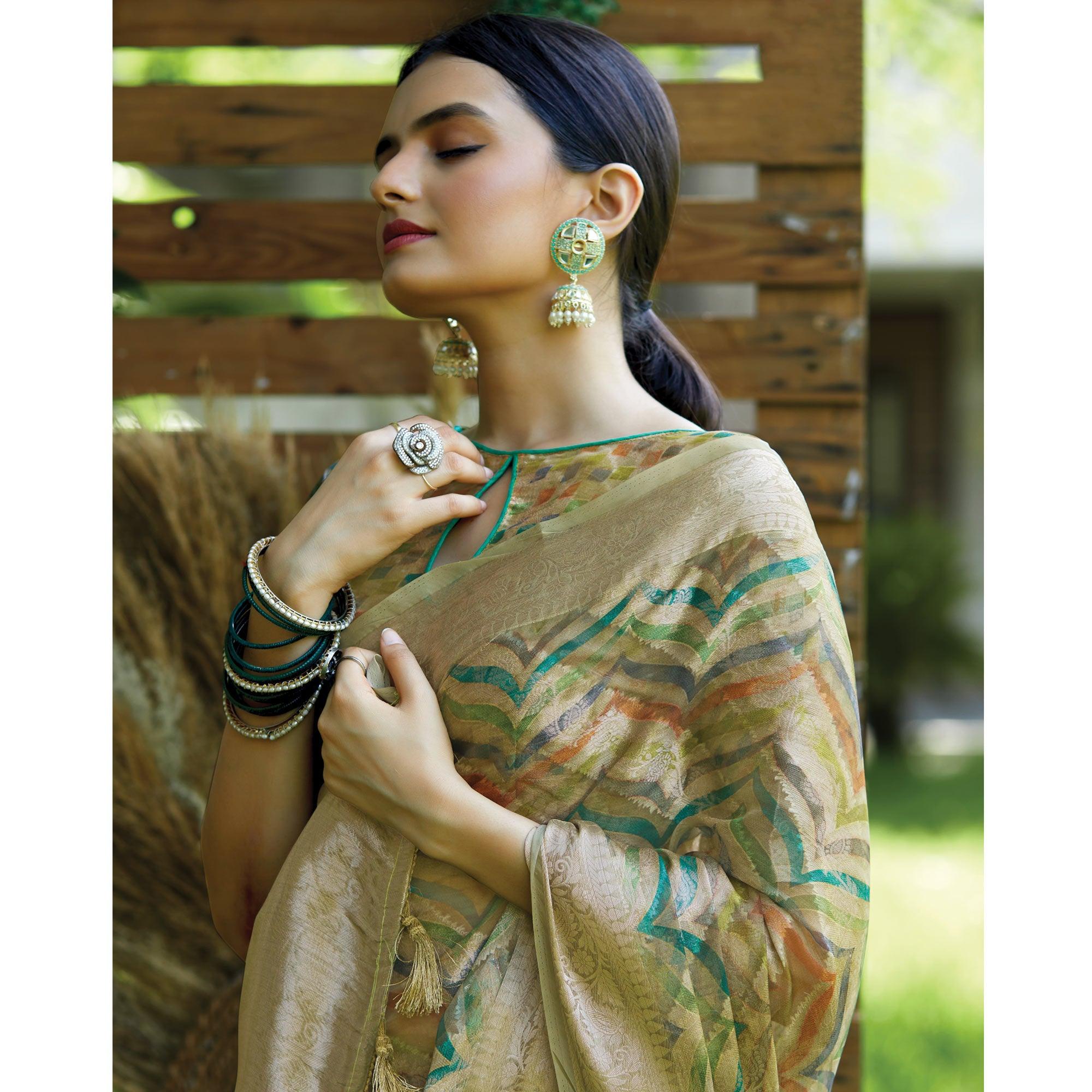Green Digital Printed Art Silk Saree With Tassels - Peachmode