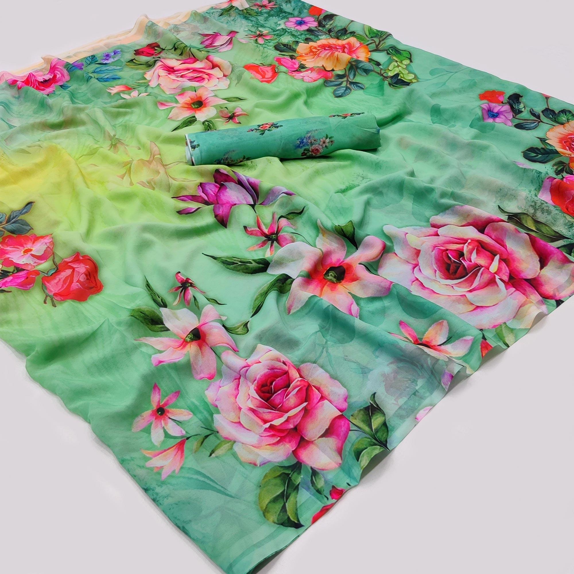Green Digital Printed Georgette Saree - Peachmode