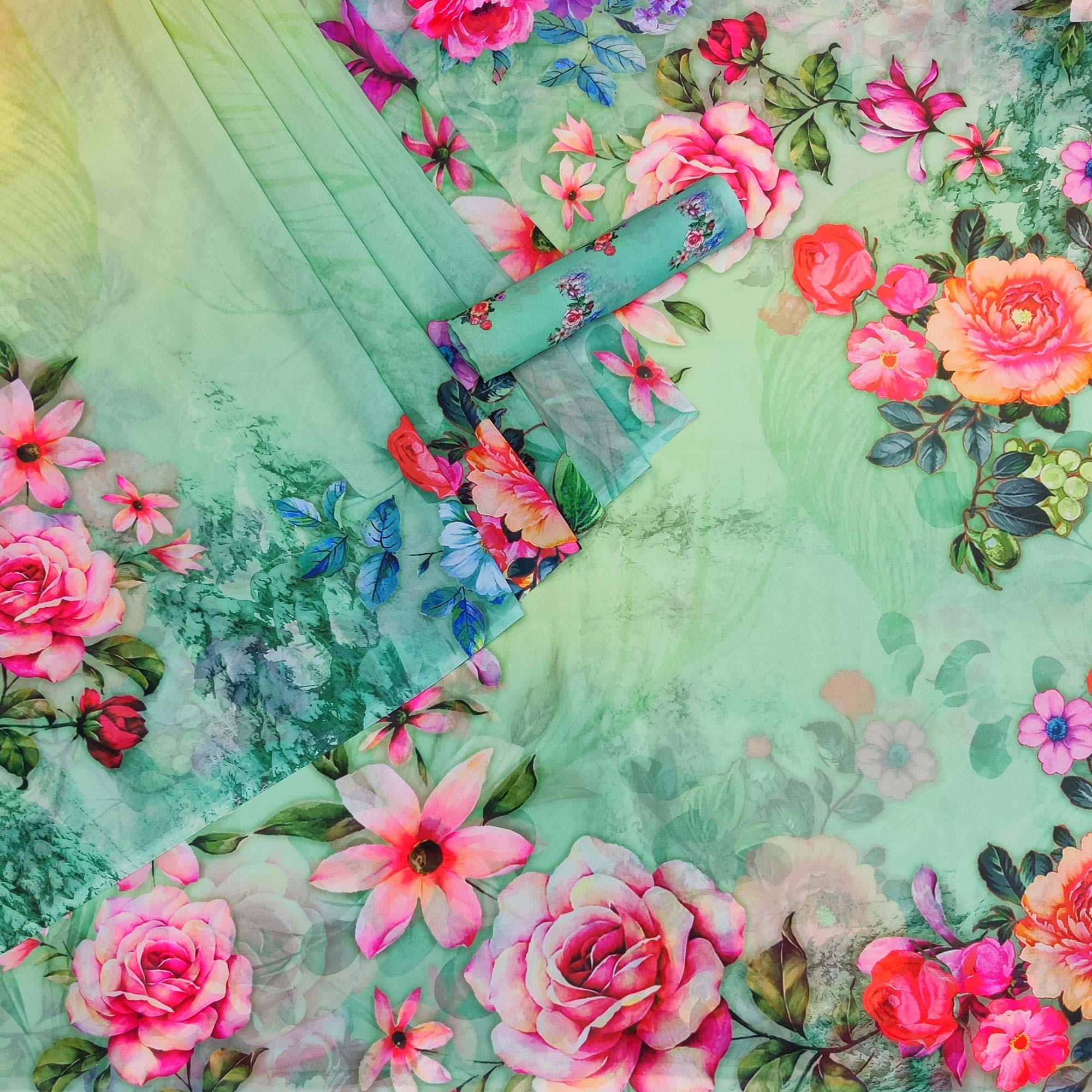 Green Digital Printed Georgette Saree - Peachmode