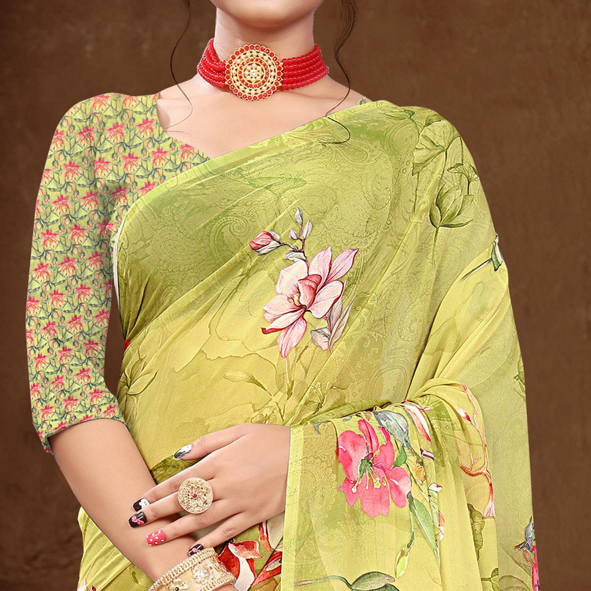 Green Digital Printed Georgette Saree - Peachmode