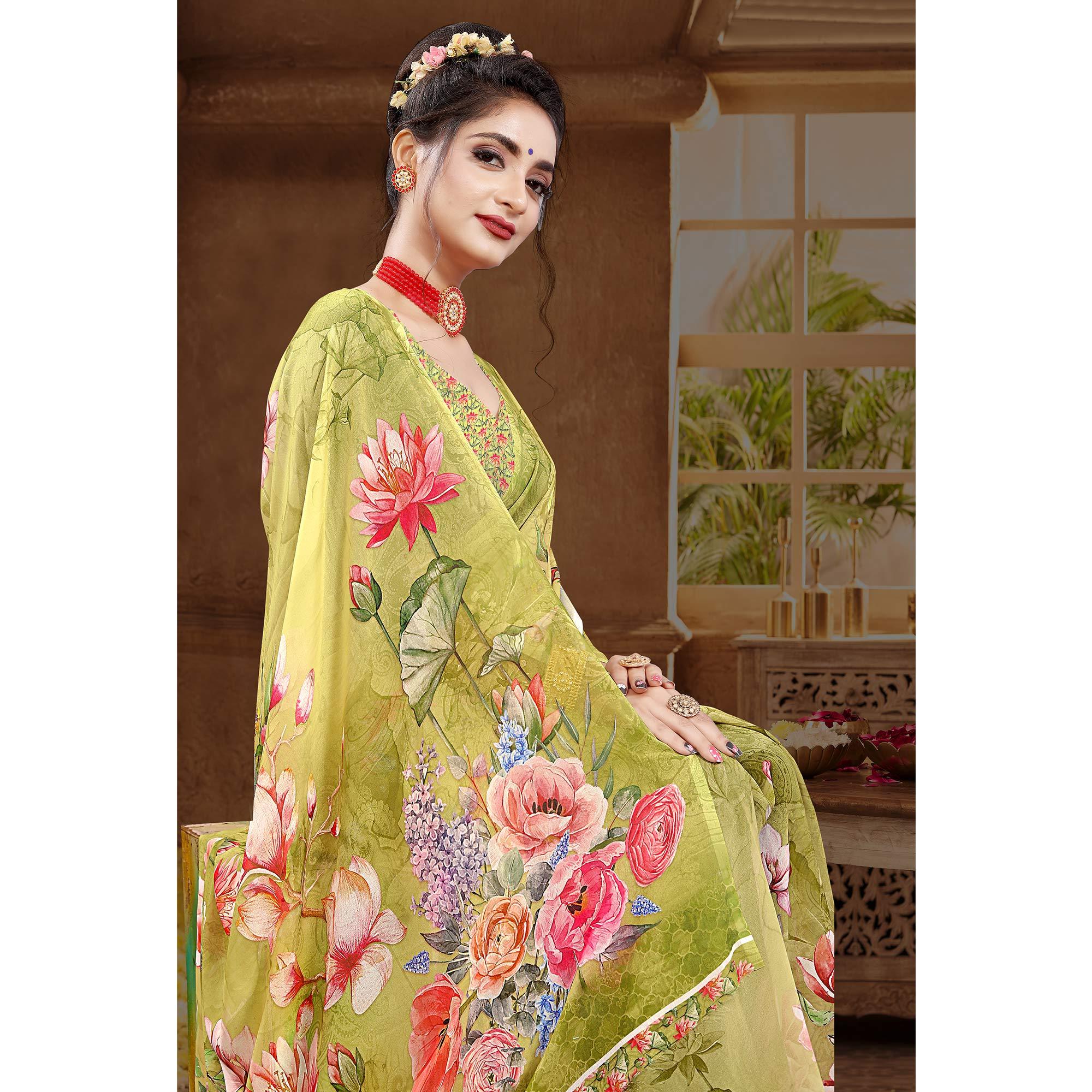 Green Digital Printed Georgette Saree - Peachmode