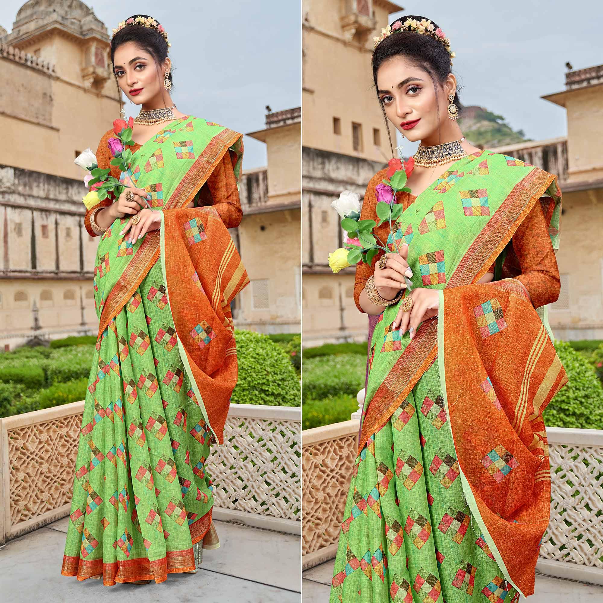 Green Digital Printed Linen Saree - Peachmode