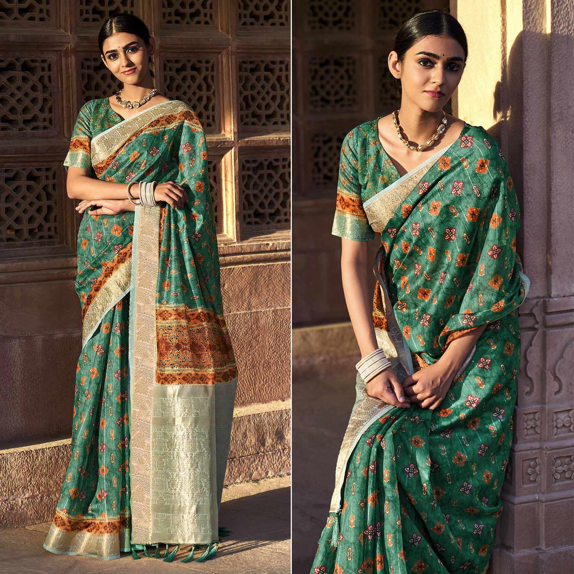 Green Digital Printed Linen Saree - Peachmode