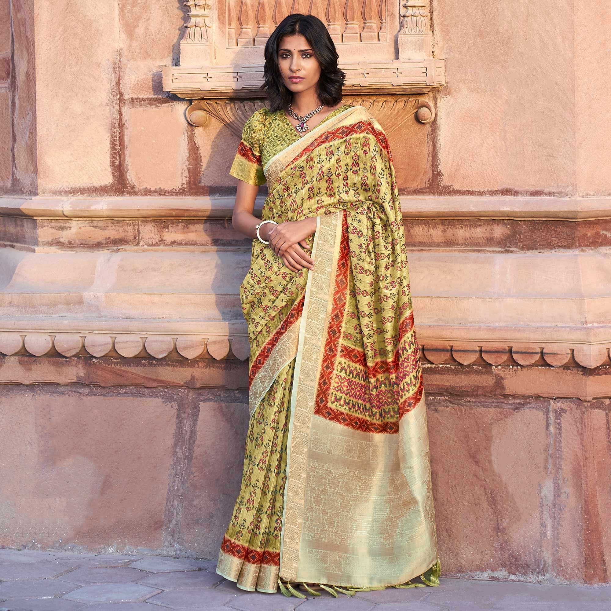 Green Digital Printed Linen Saree - Peachmode