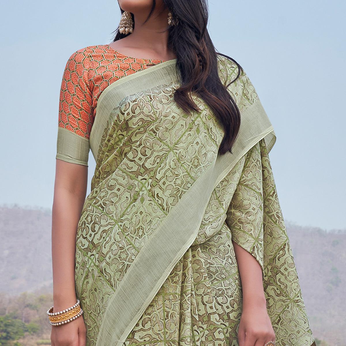 Green Digital Printed Linen Saree - Peachmode