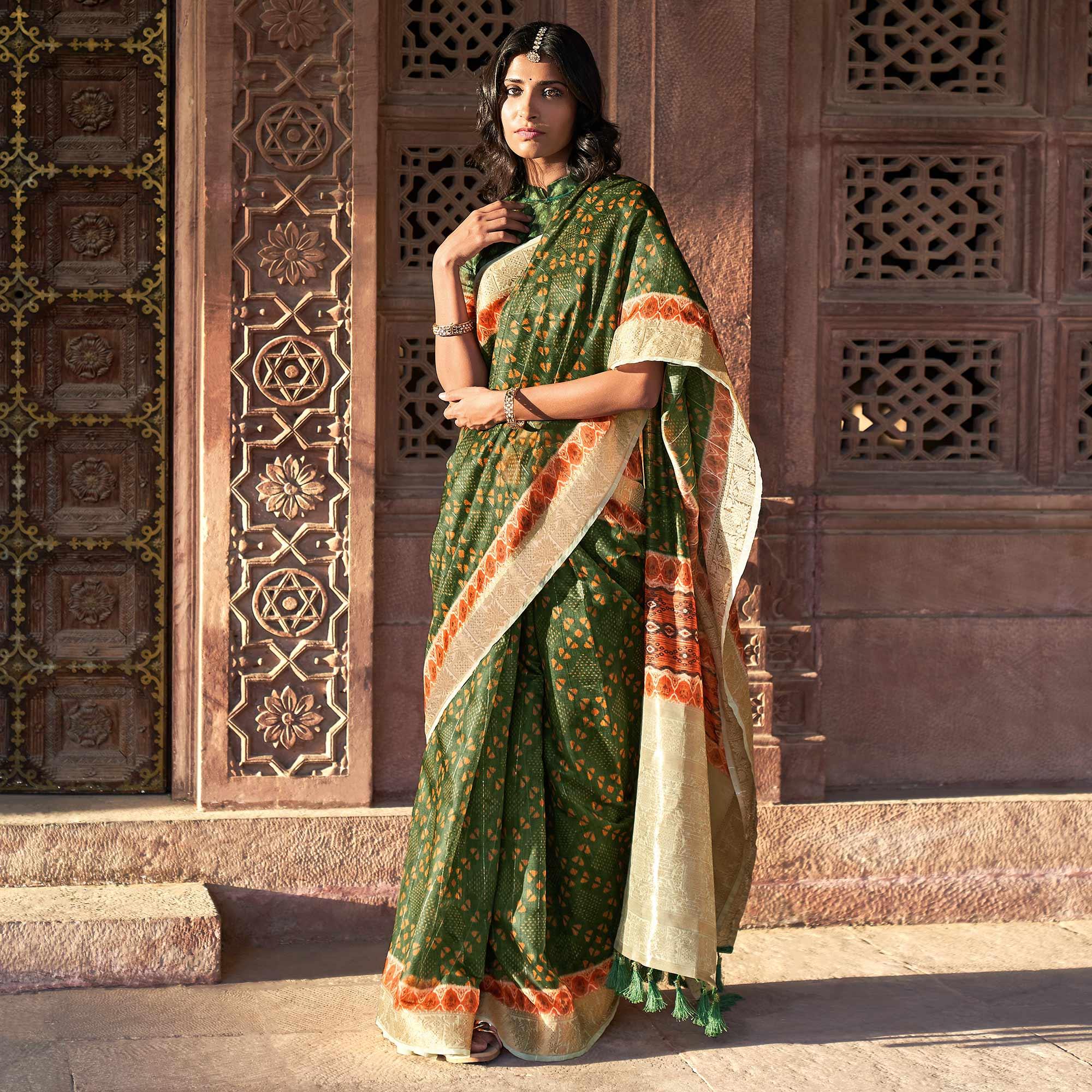 Green Digital Printed Linen Saree - Peachmode