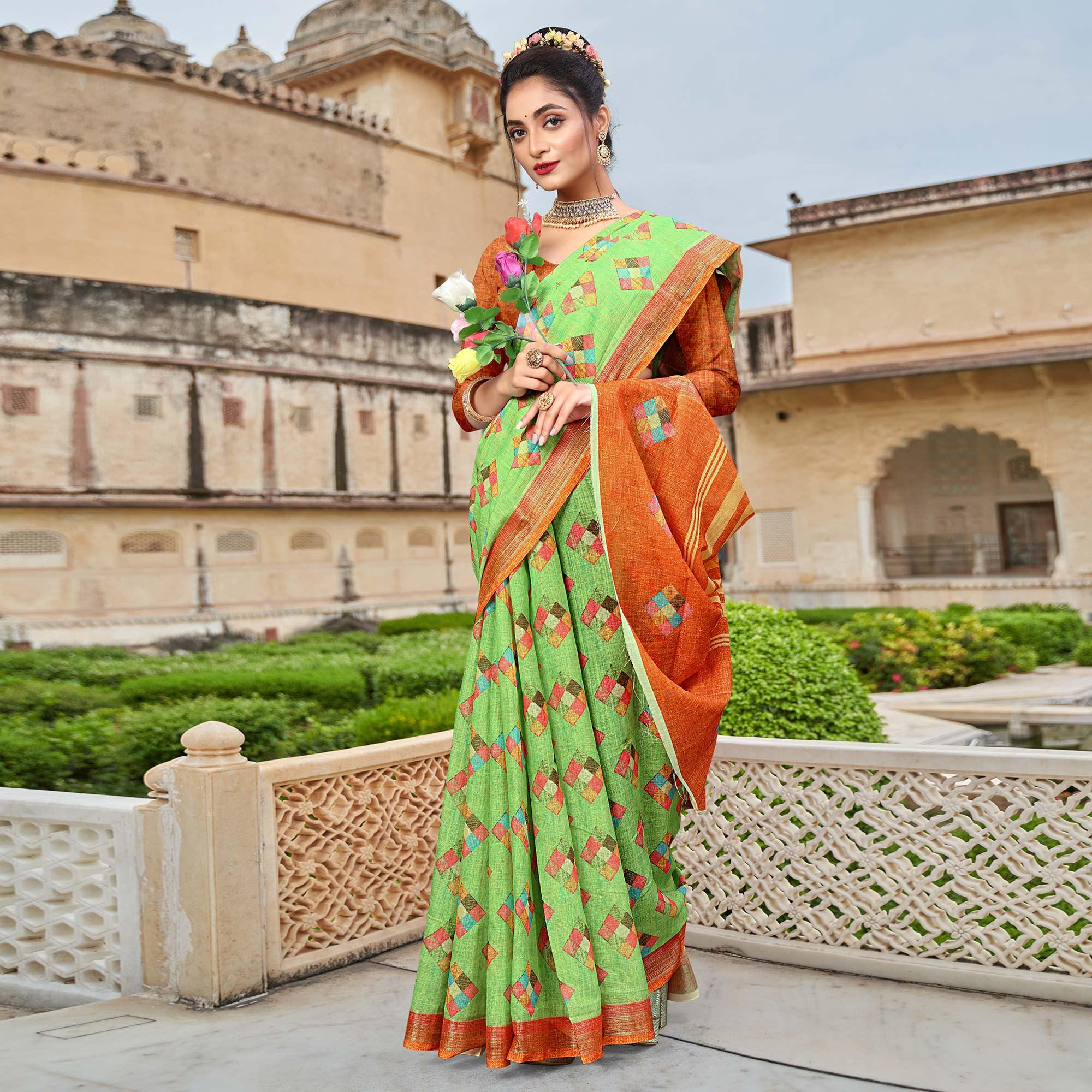 Green Digital Printed Linen Saree - Peachmode