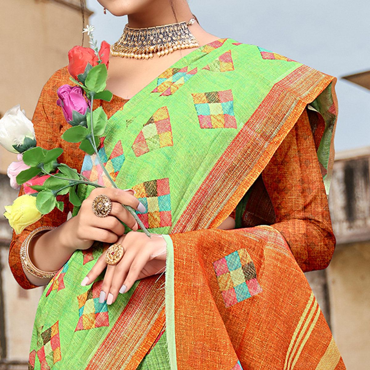 Green Digital Printed Linen Saree - Peachmode