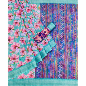 Green Digital Printed Linen Saree - Peachmode