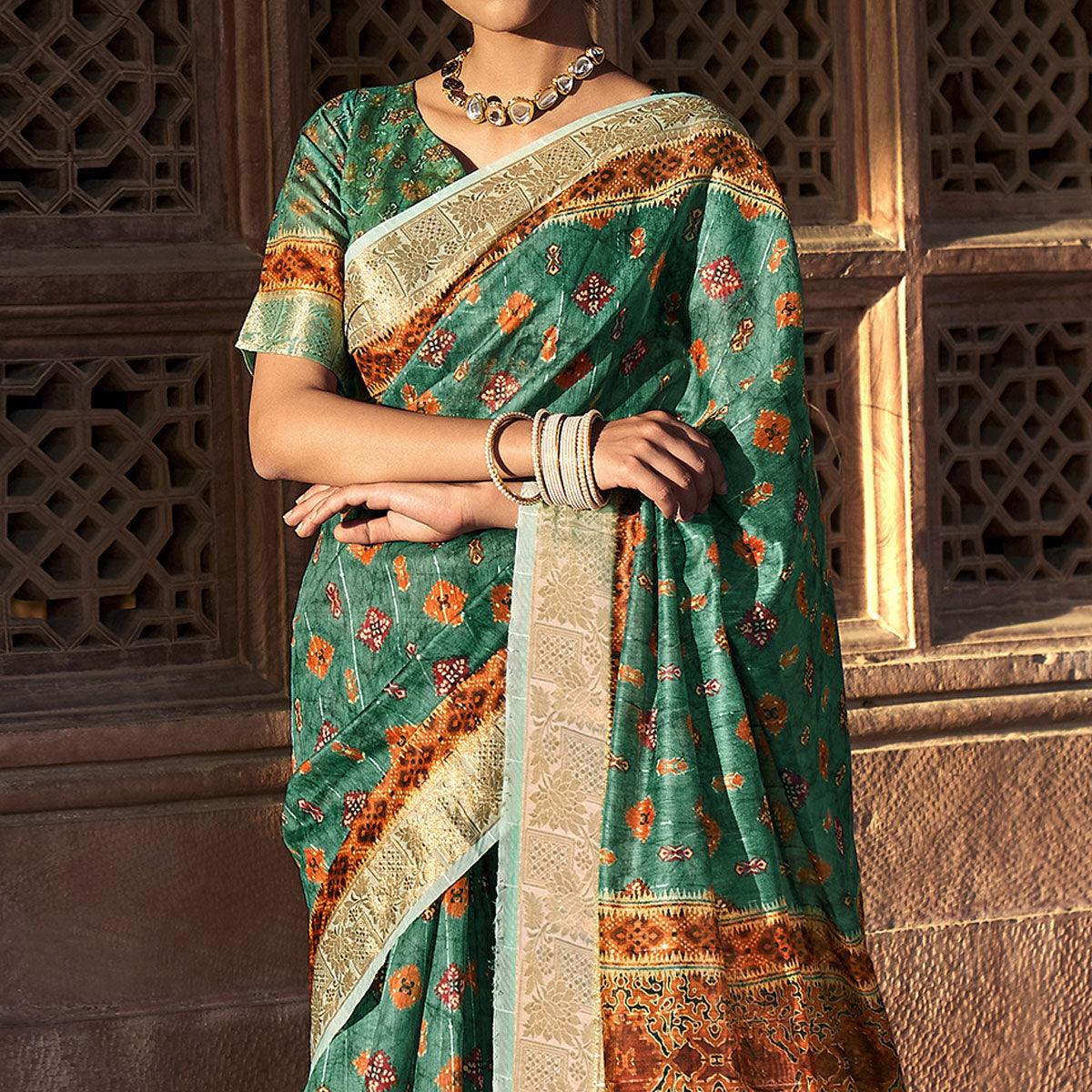Green Digital Printed Linen Saree - Peachmode