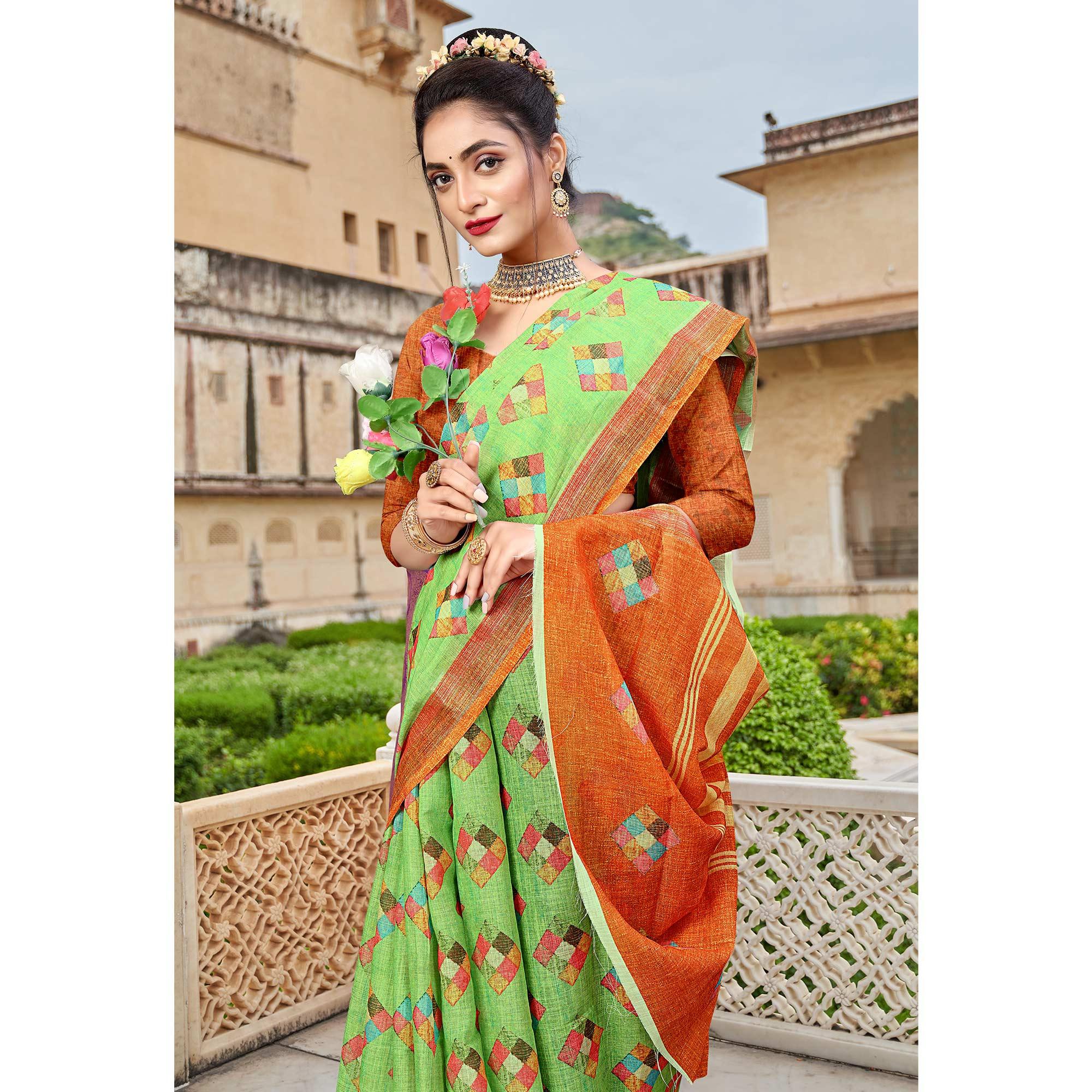 Green Digital Printed Linen Saree - Peachmode