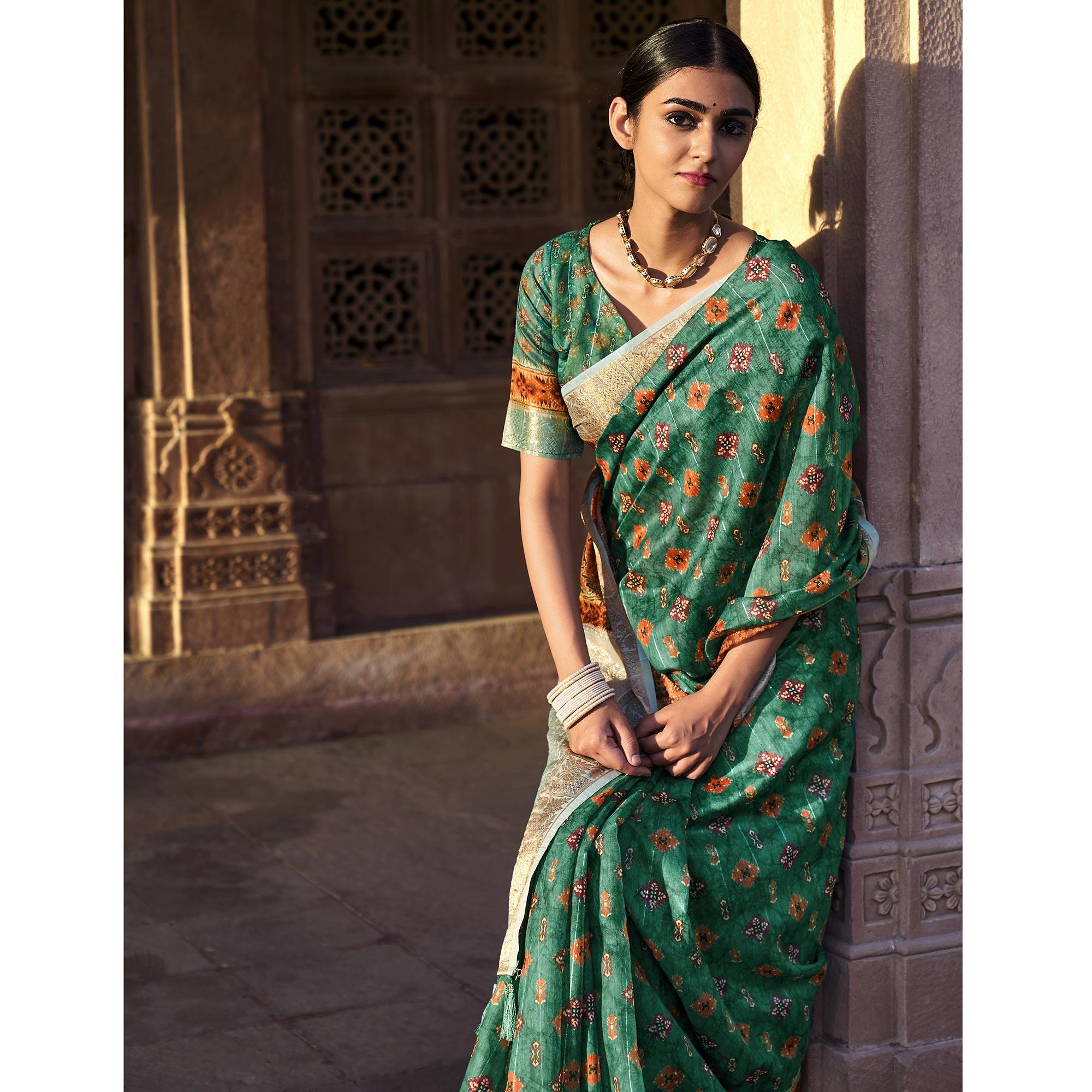 Green Digital Printed Linen Saree - Peachmode