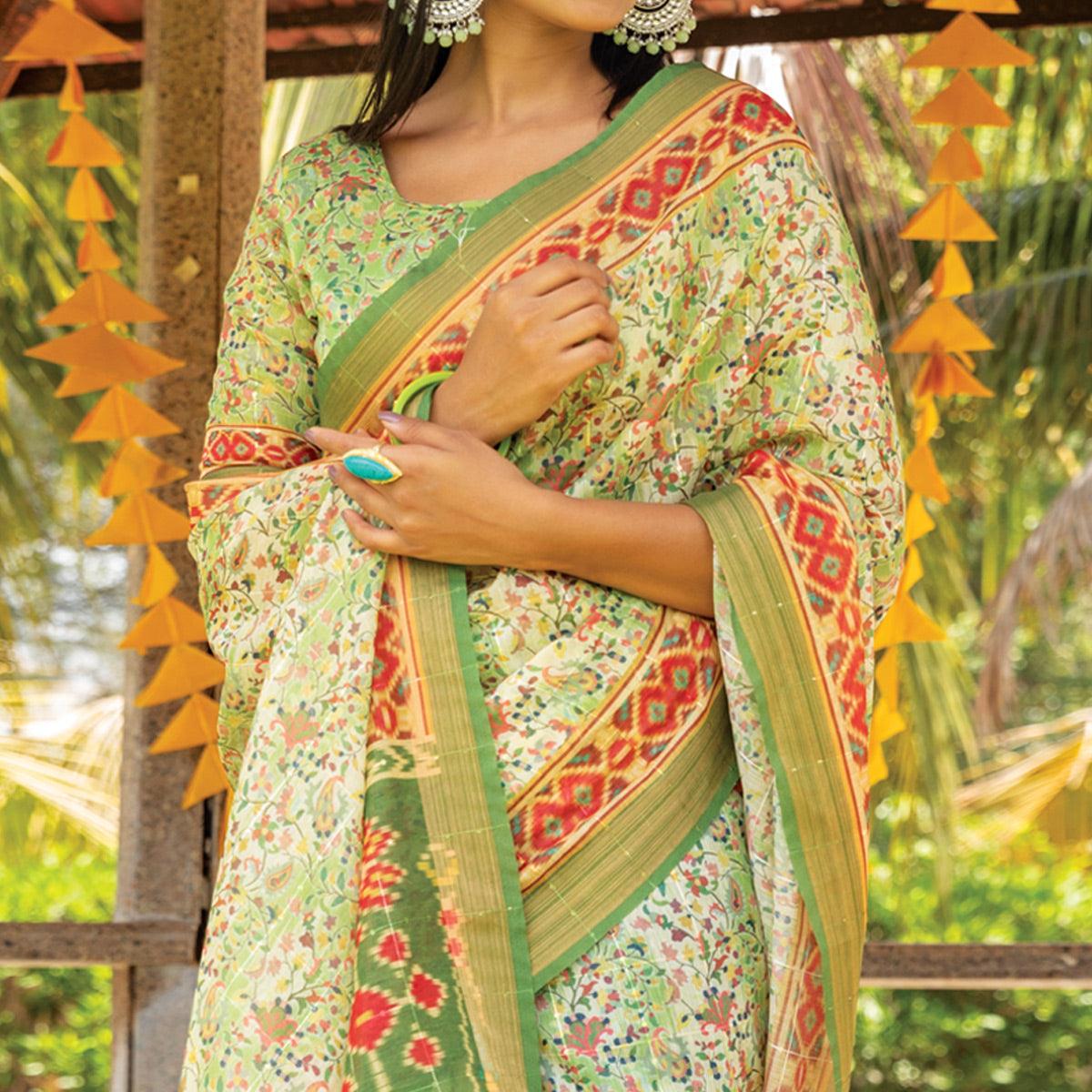 Green Digital Printed Linen Saree With Tassels - Peachmode