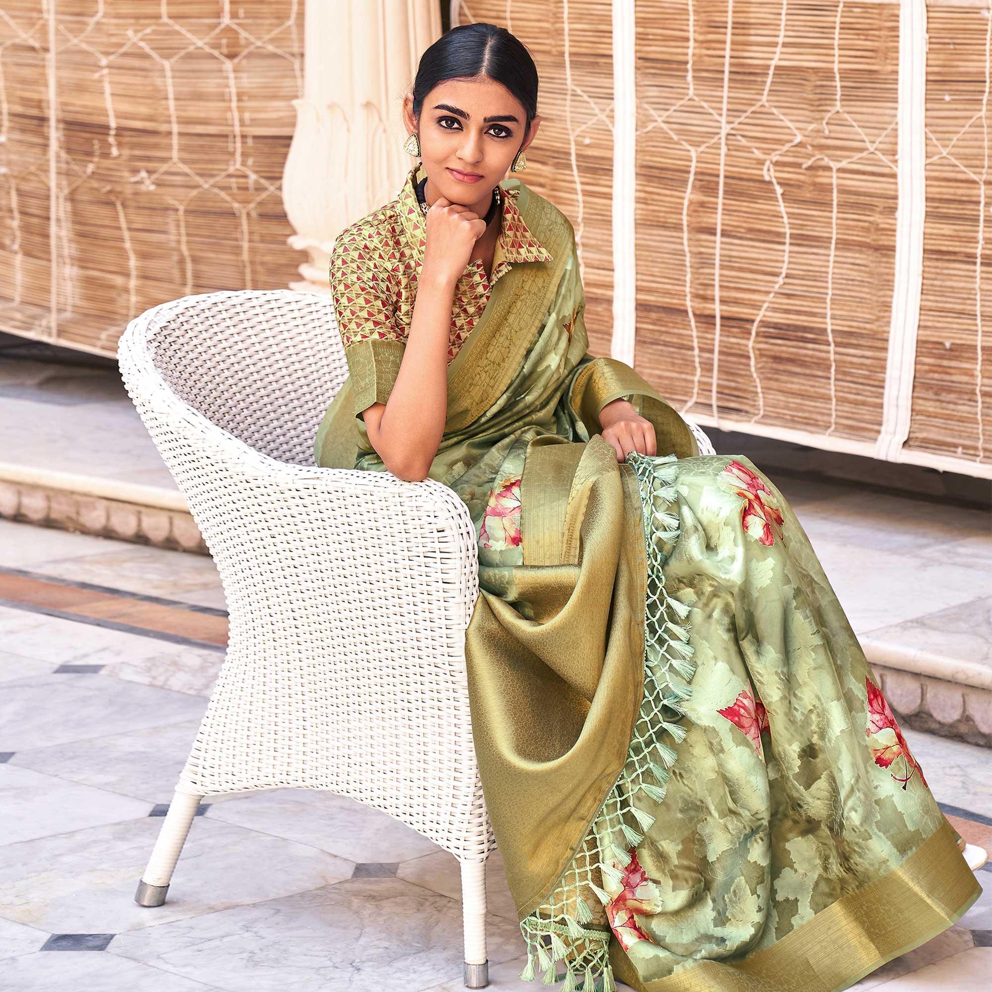 Green Digital Printed Poly Cotton Saree - Peachmode