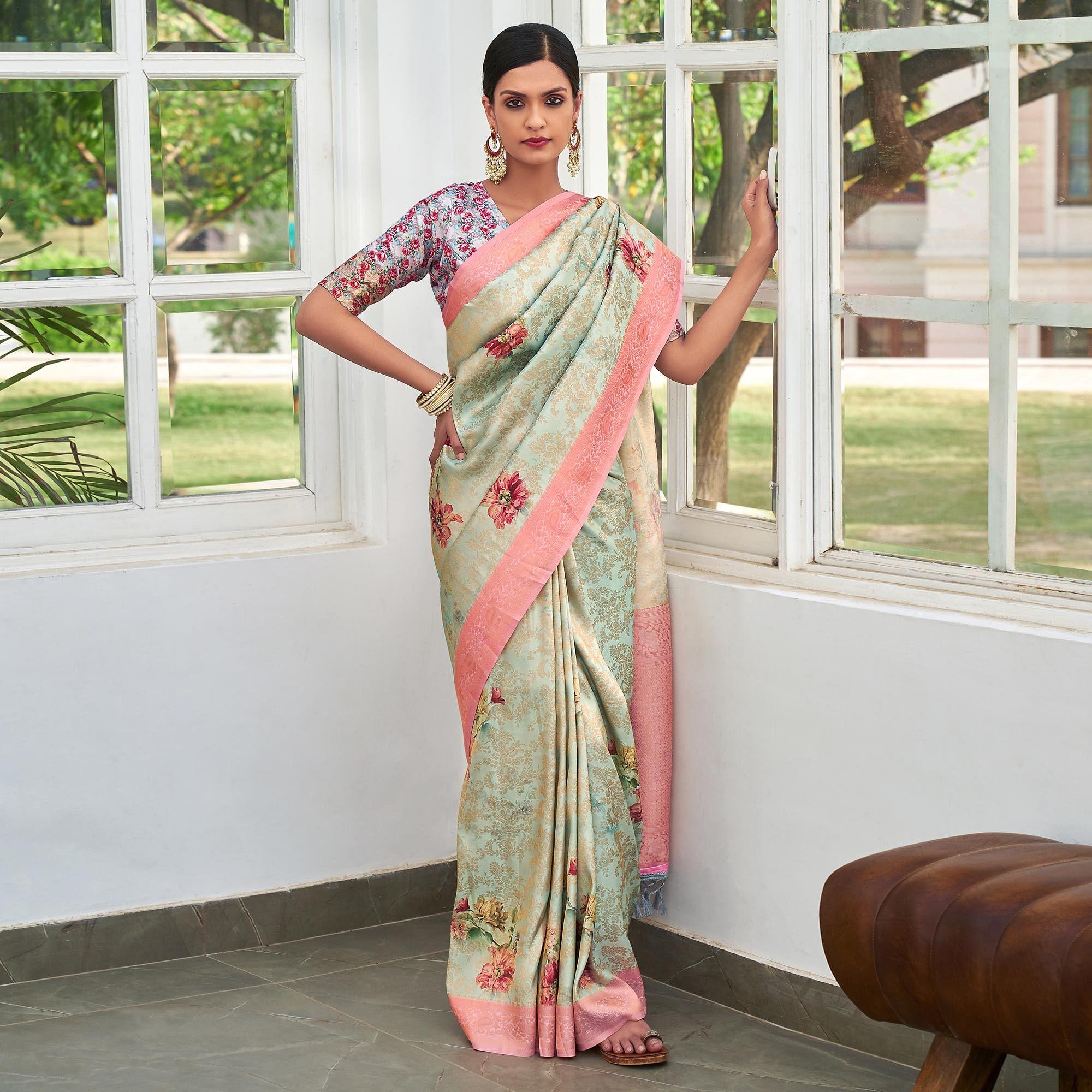 Green Digital Printed Pure Silk Saree With Tassels - Peachmode
