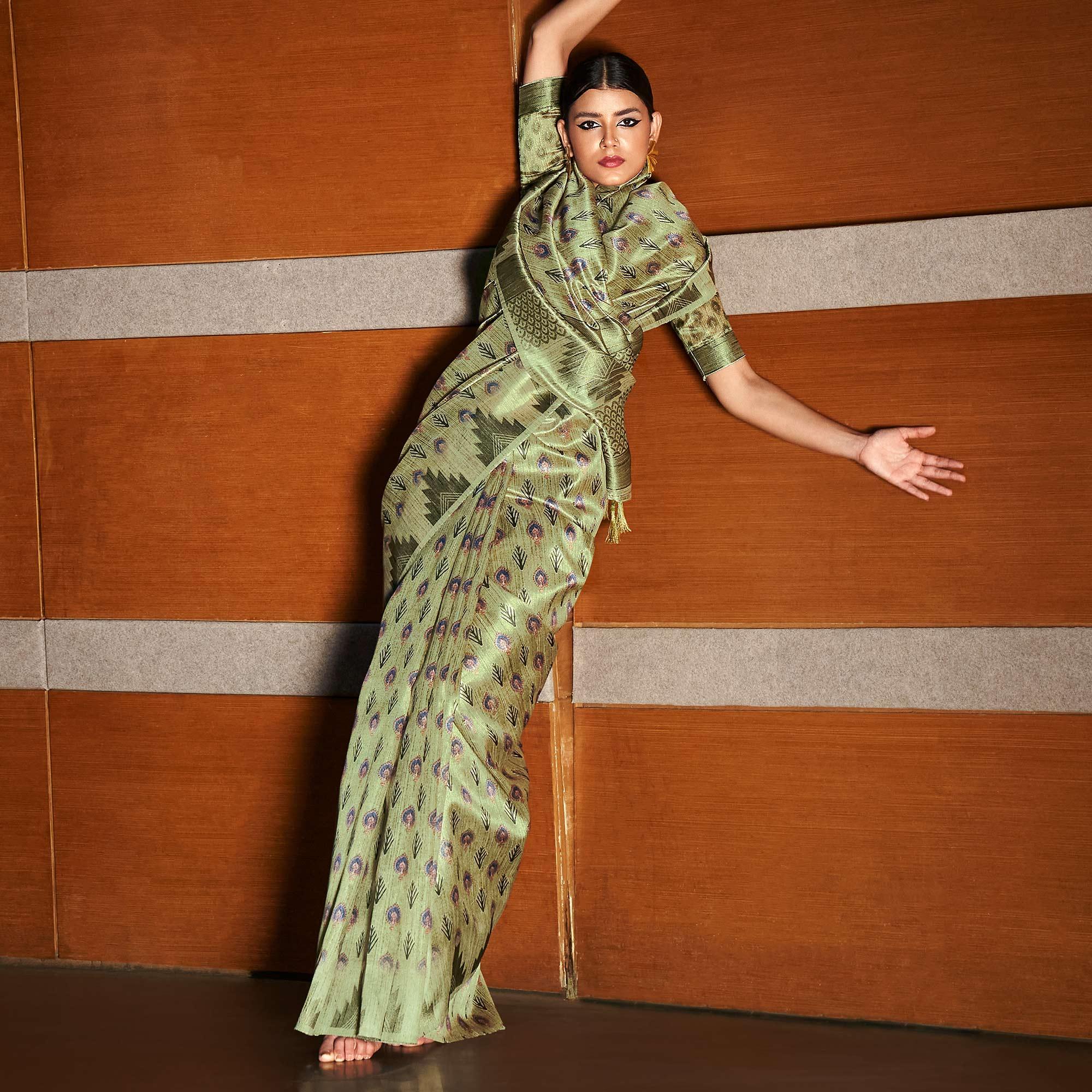 Green digital Printed Raw Silk Saree With Tassels - Peachmode