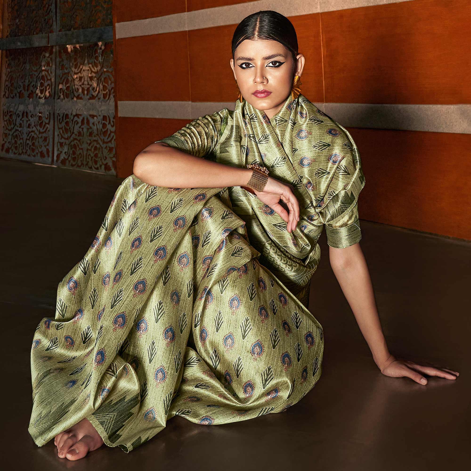 Green digital Printed Raw Silk Saree With Tassels - Peachmode